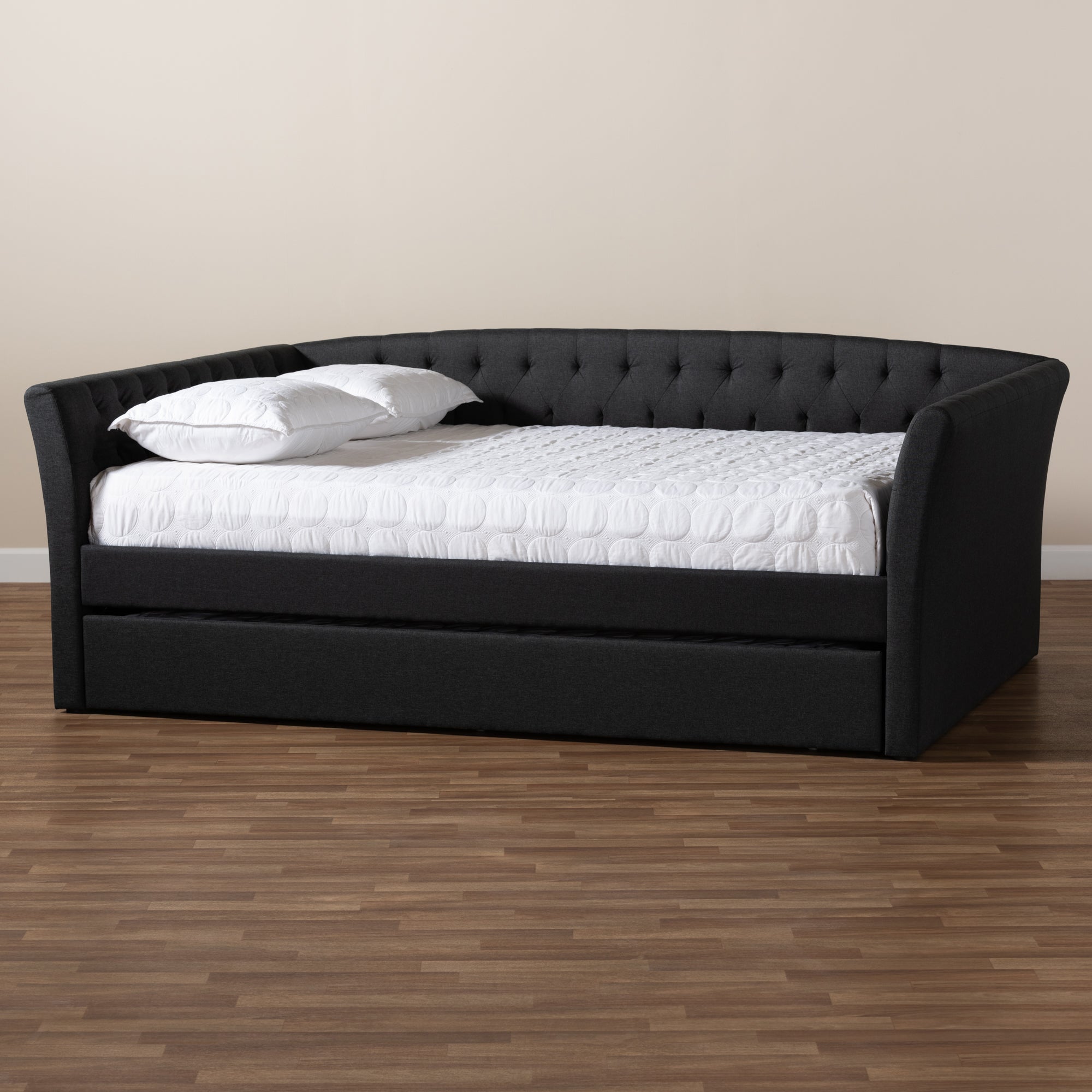 Baxton Studio Delora Modern and Contemporary Dark Grey Fabric Upholstered Full Size Daybed with Roll-Out Trundle Bed