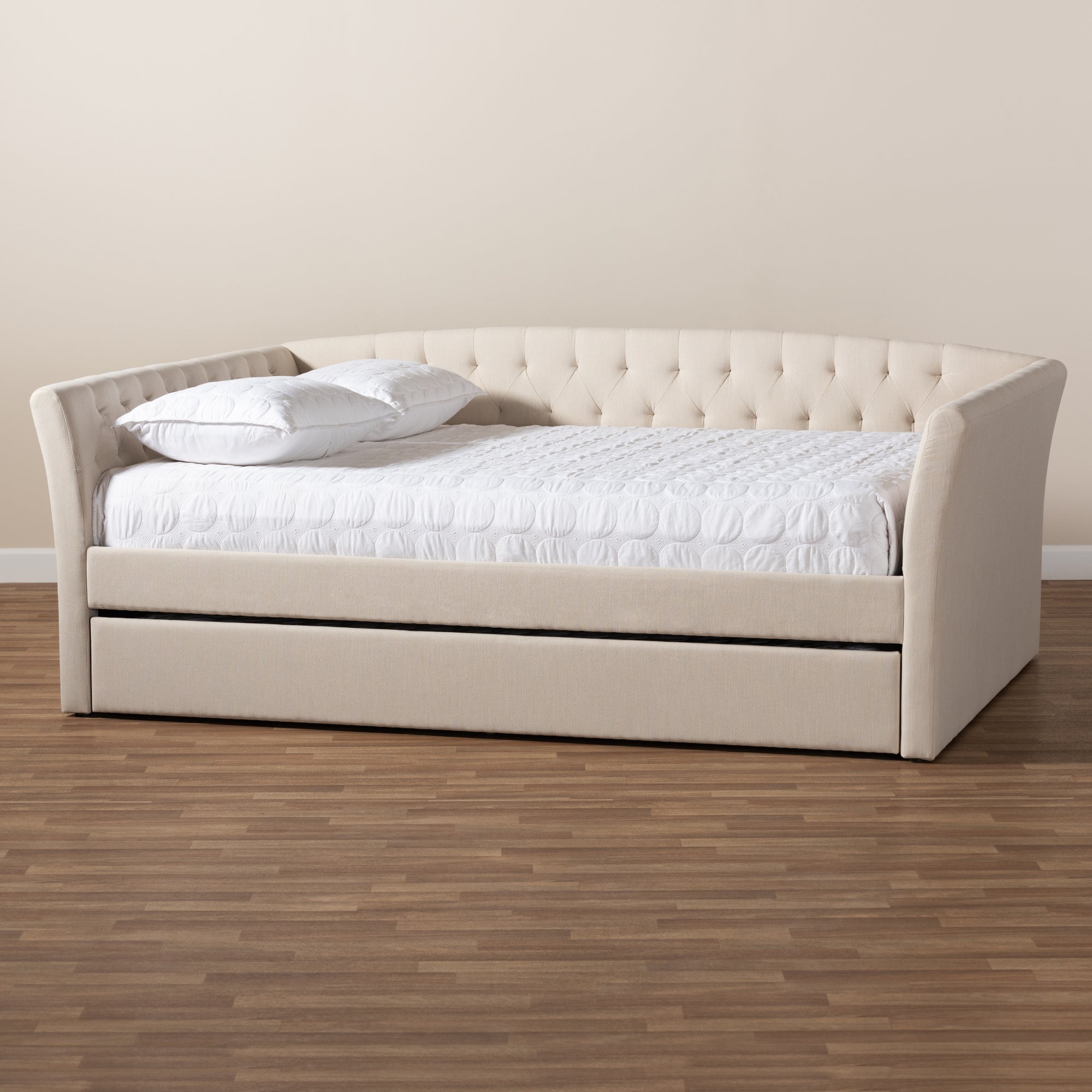 Baxton Studio Delora Modern and Contemporary Beige Fabric Upholstered Queen Size Daybed with Roll-Out Trundle Bed