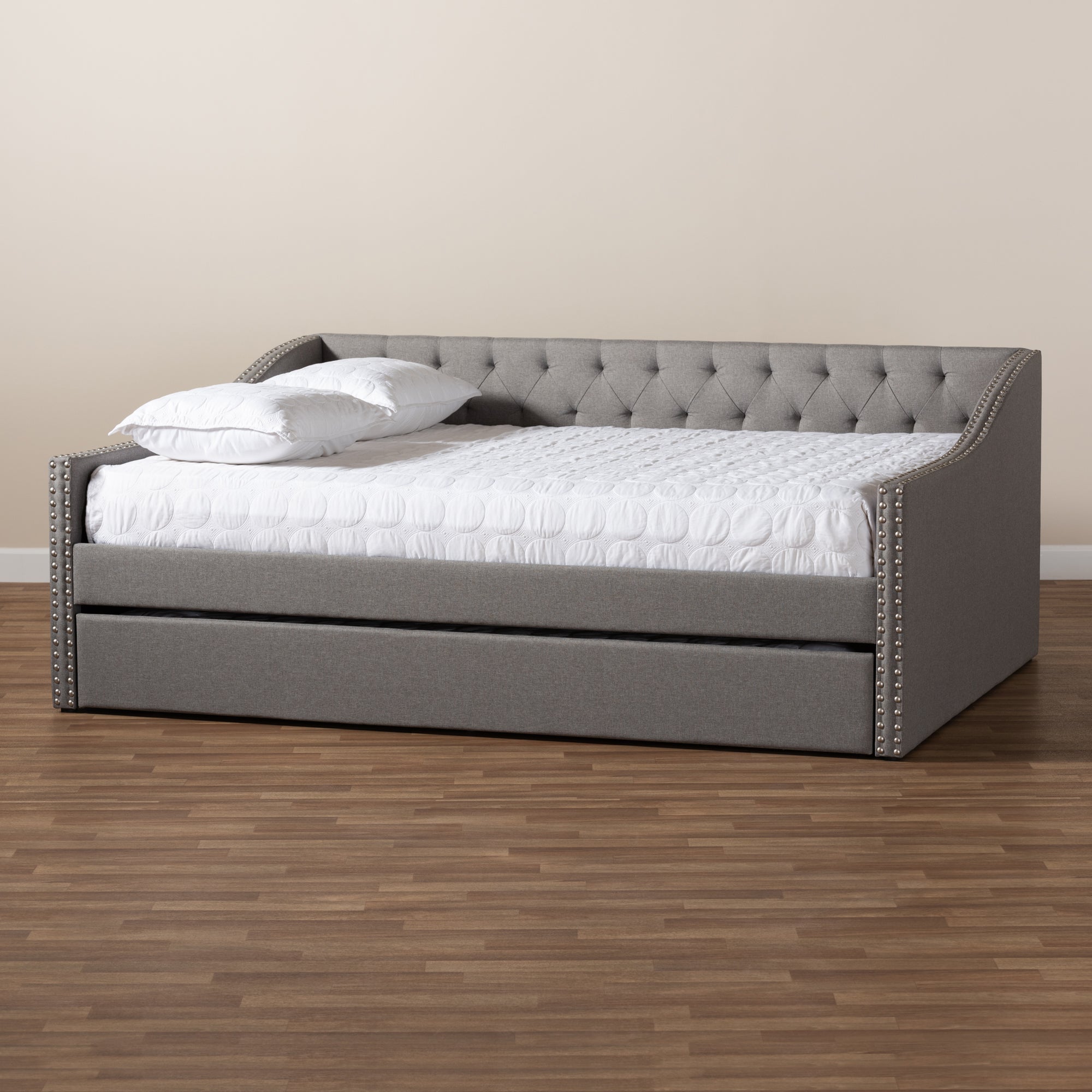 Baxton Studio Haylie Modern and Contemporary Light Grey Fabric Upholstered Queen Size Daybed with Roll-Out Trundle Bed