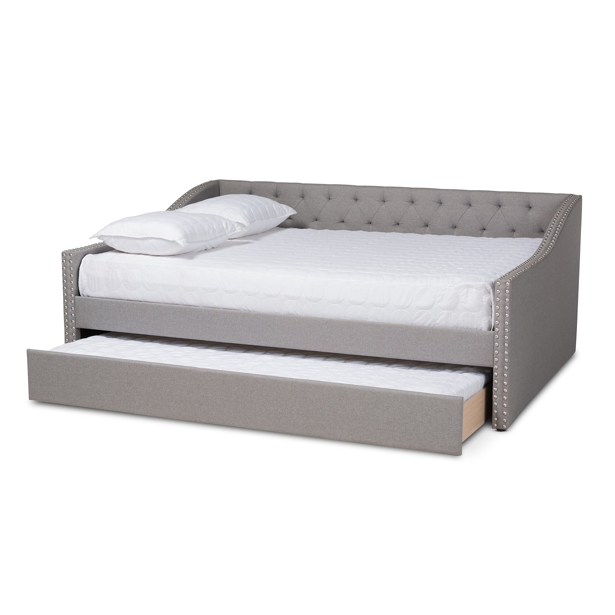 Baxton Studio Haylie Modern and Contemporary Light Grey Fabric Upholstered Queen Size Daybed with Roll-Out Trundle Bed
