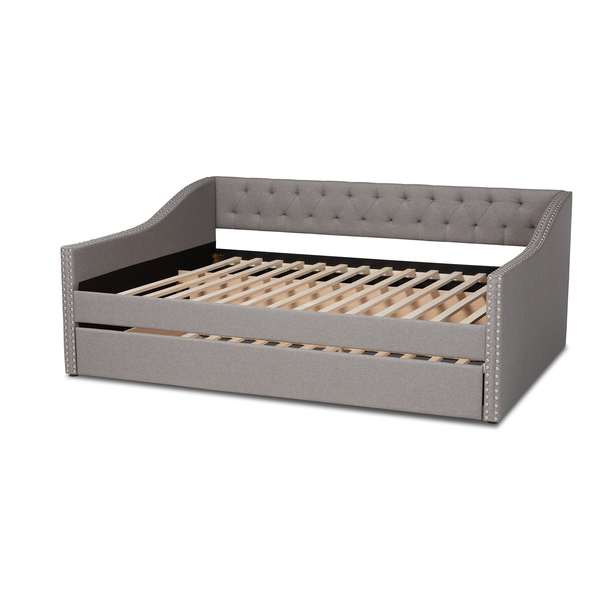 Baxton Studio Haylie Modern and Contemporary Light Grey Fabric Upholstered Queen Size Daybed with Roll-Out Trundle Bed
