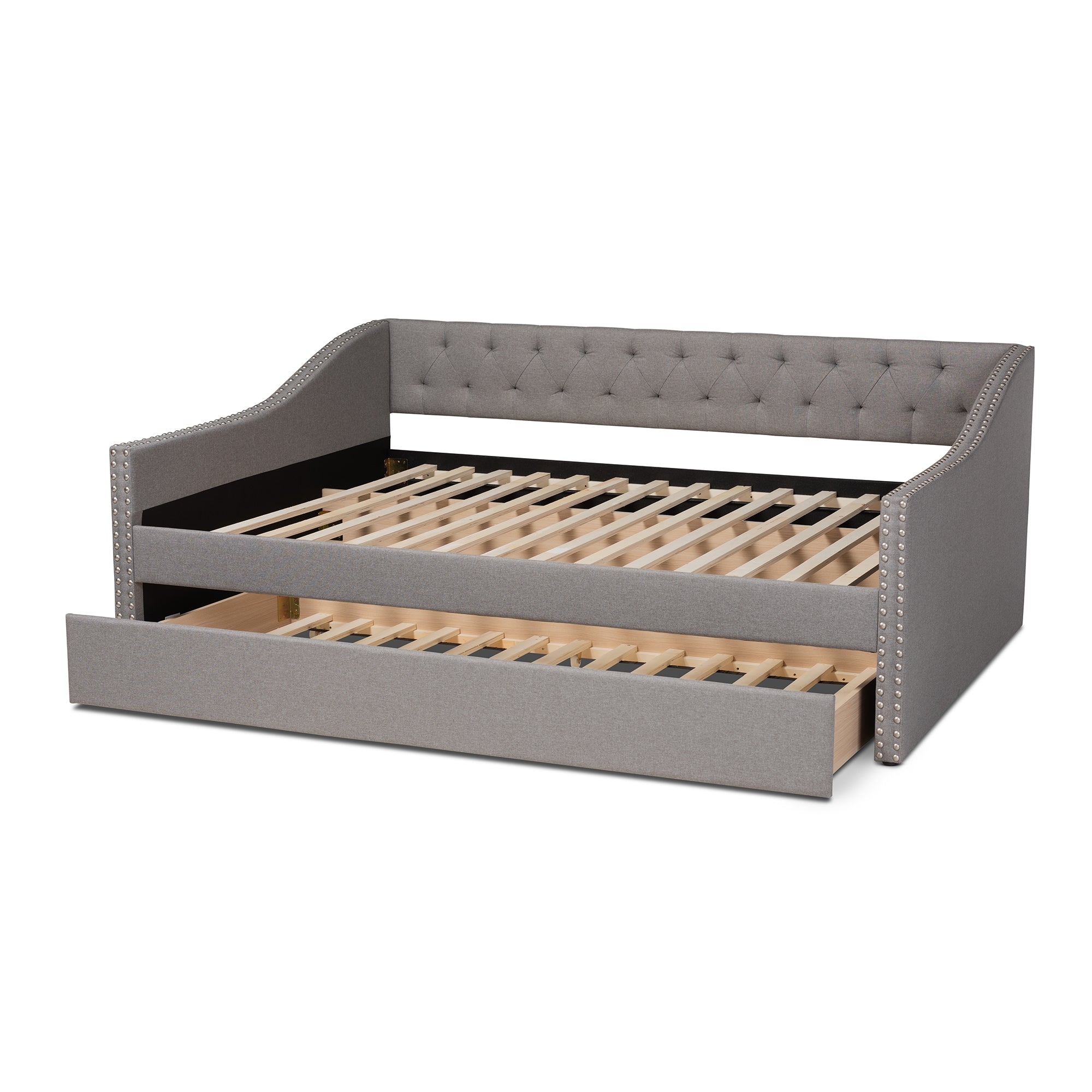 Baxton Studio Haylie Modern and Contemporary Light Grey Fabric Upholstered Queen Size Daybed with Roll-Out Trundle Bed