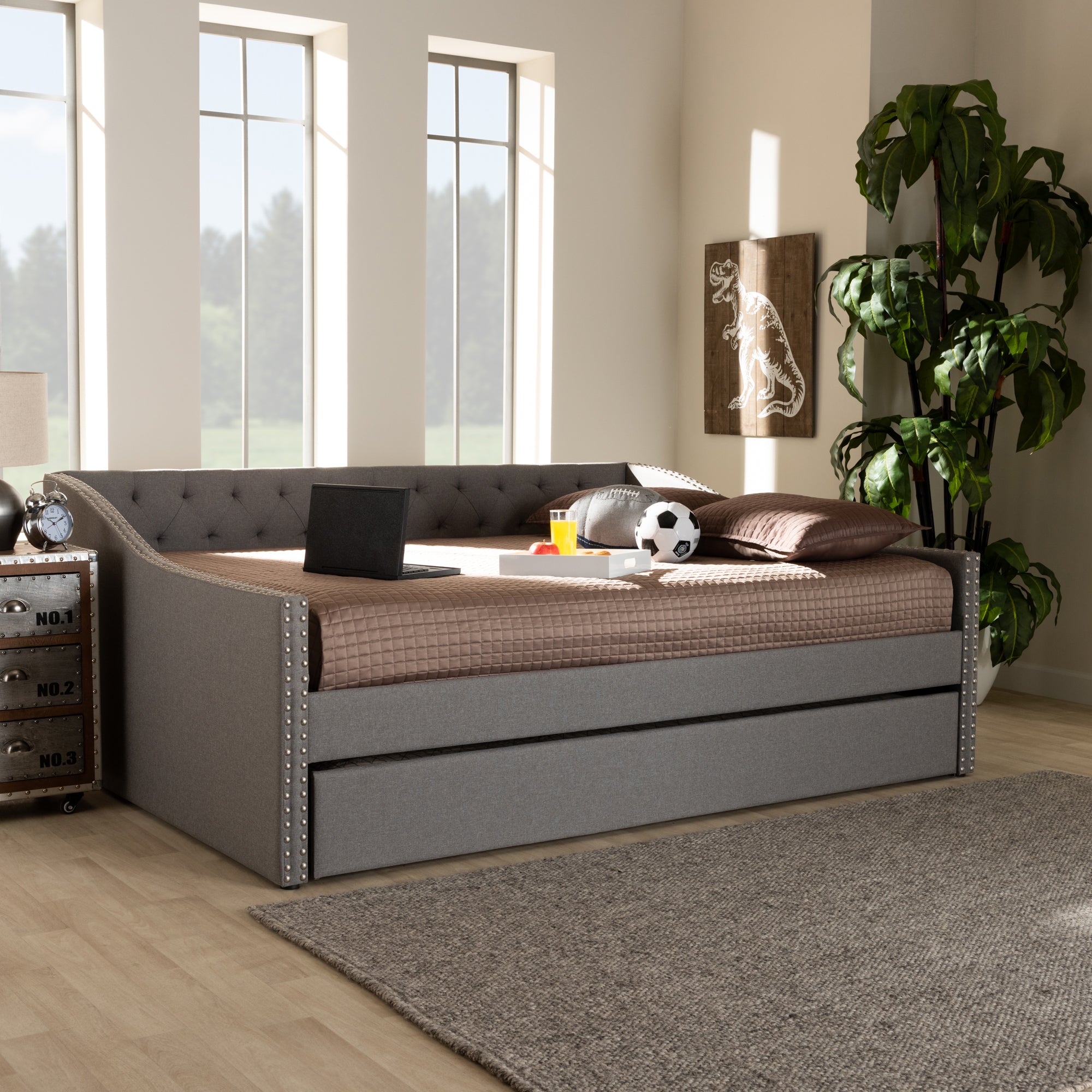 Baxton Studio Haylie Modern and Contemporary Light Grey Fabric Upholstered Queen Size Daybed with Roll-Out Trundle Bed