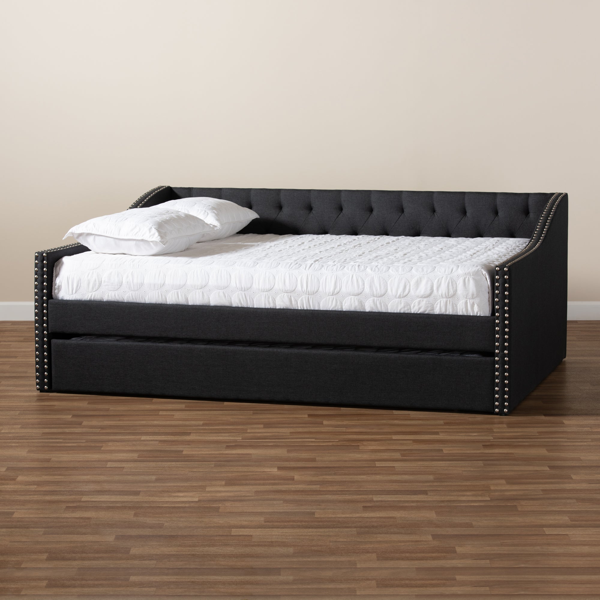 Baxton Studio Haylie Modern and Contemporary Dark Grey Fabric Upholstered Queen Size Daybed with Roll-Out Trundle Bed