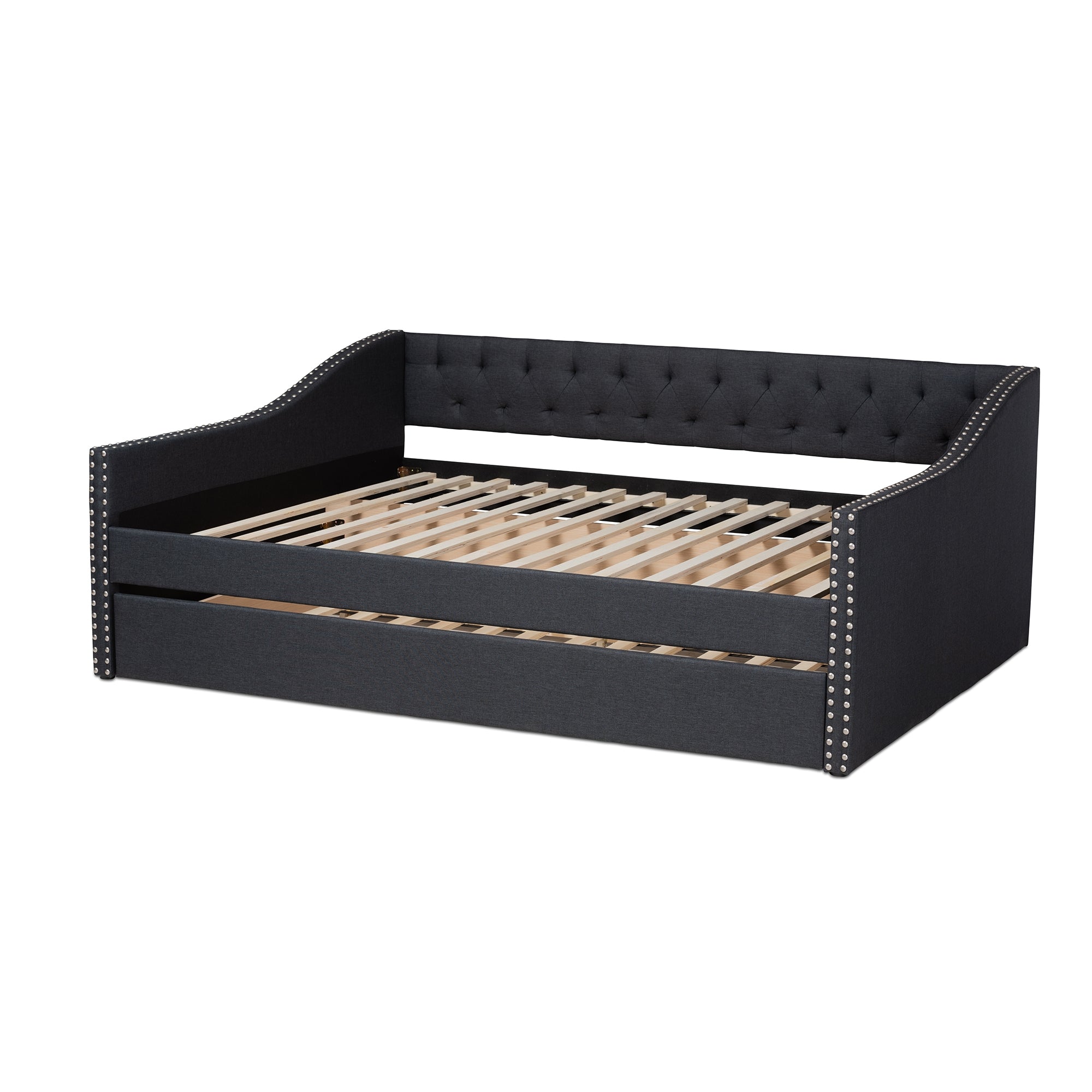 Baxton Studio Haylie Modern and Contemporary Dark Grey Fabric Upholstered Queen Size Daybed with Roll-Out Trundle Bed