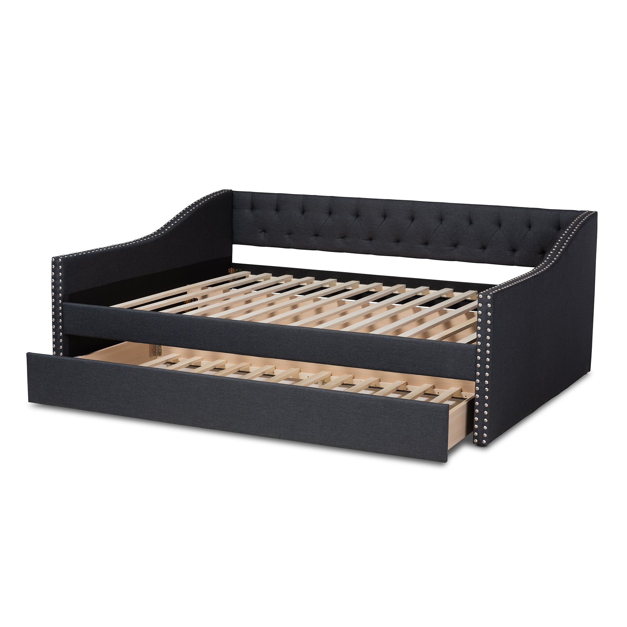 Baxton Studio Haylie Modern and Contemporary Dark Grey Fabric Upholstered Queen Size Daybed with Roll-Out Trundle Bed