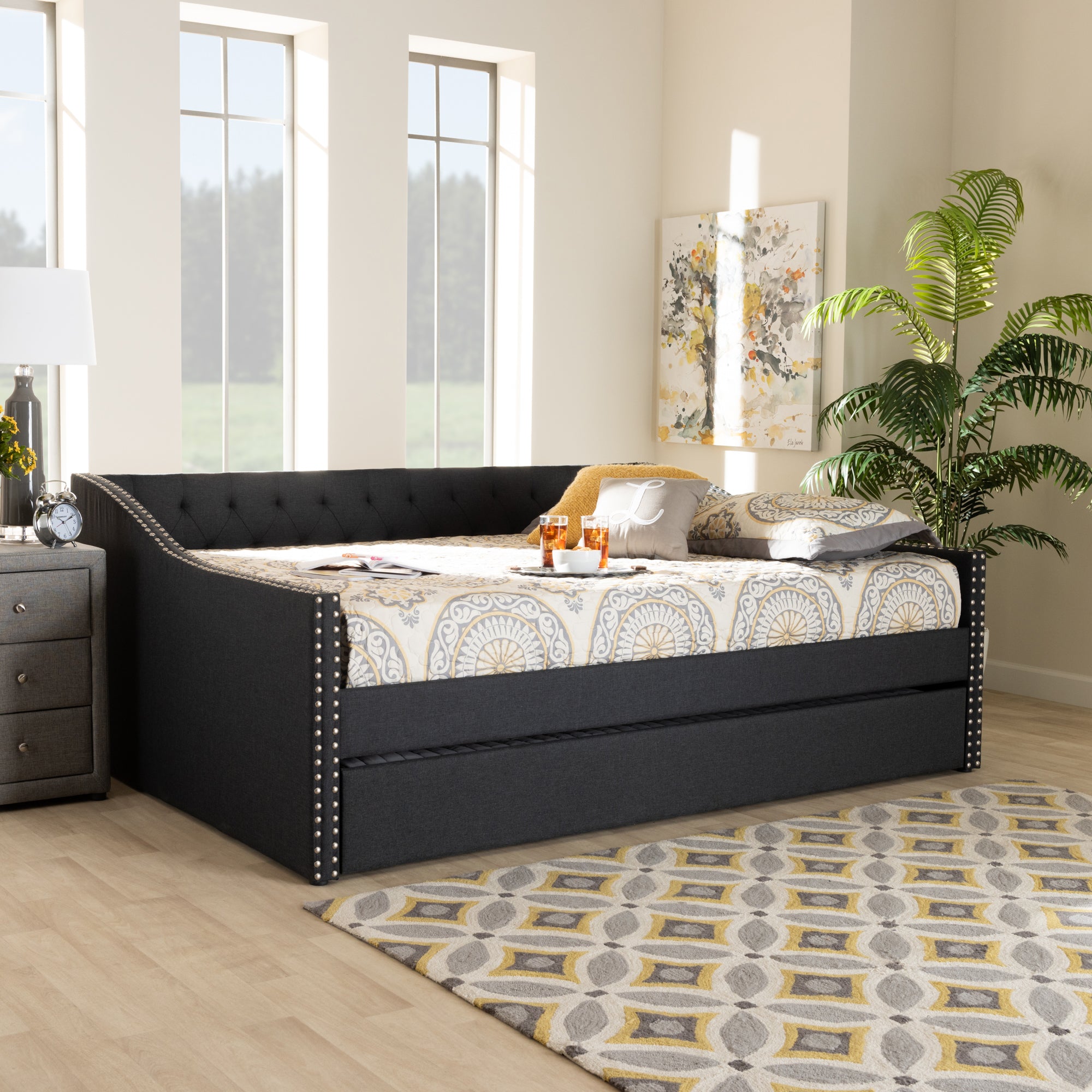 Baxton Studio Haylie Modern and Contemporary Dark Grey Fabric Upholstered Queen Size Daybed with Roll-Out Trundle Bed
