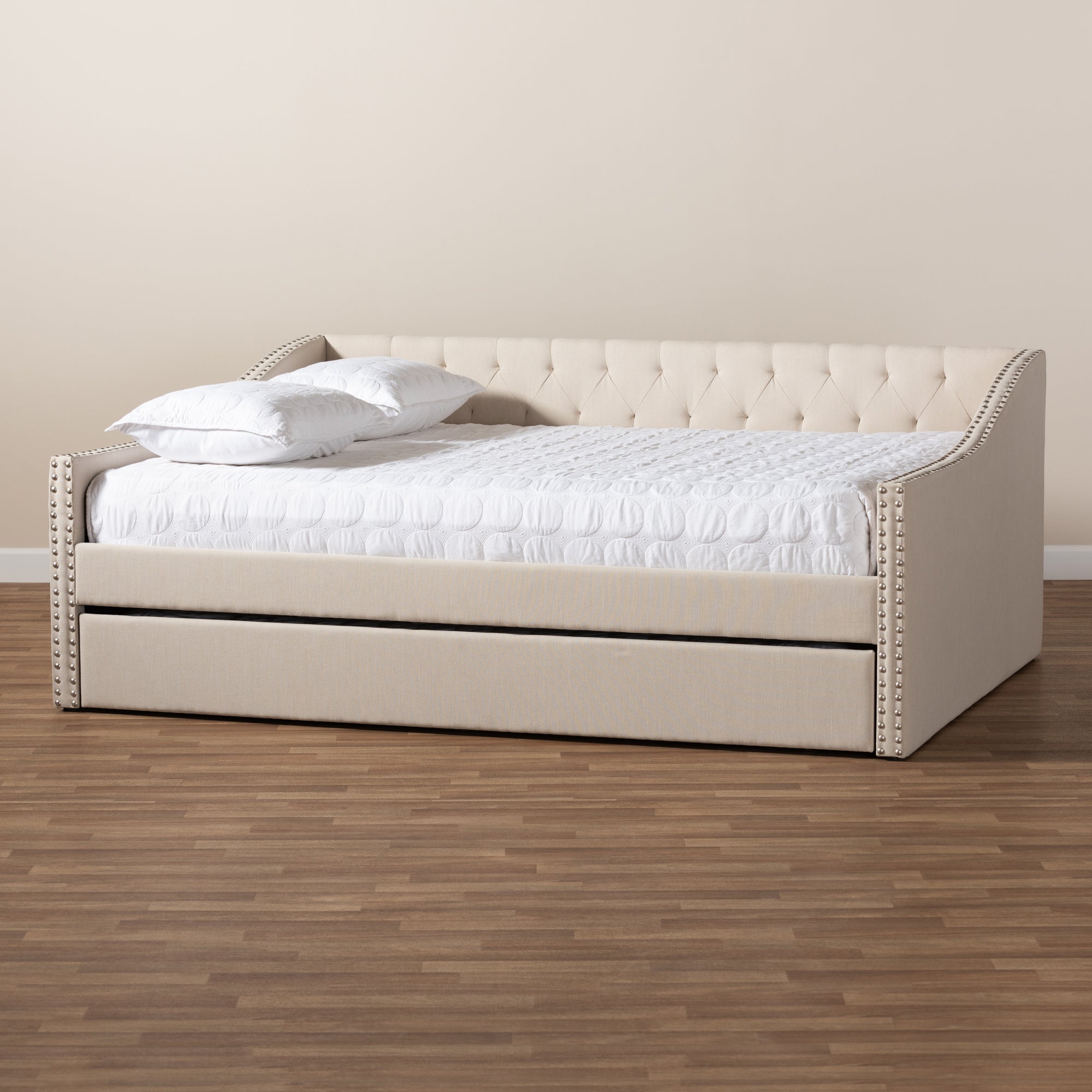 Baxton Studio Haylie Modern and Contemporary Beige Fabric Upholstered Queen Size Daybed with Roll-Out Trundle Bed