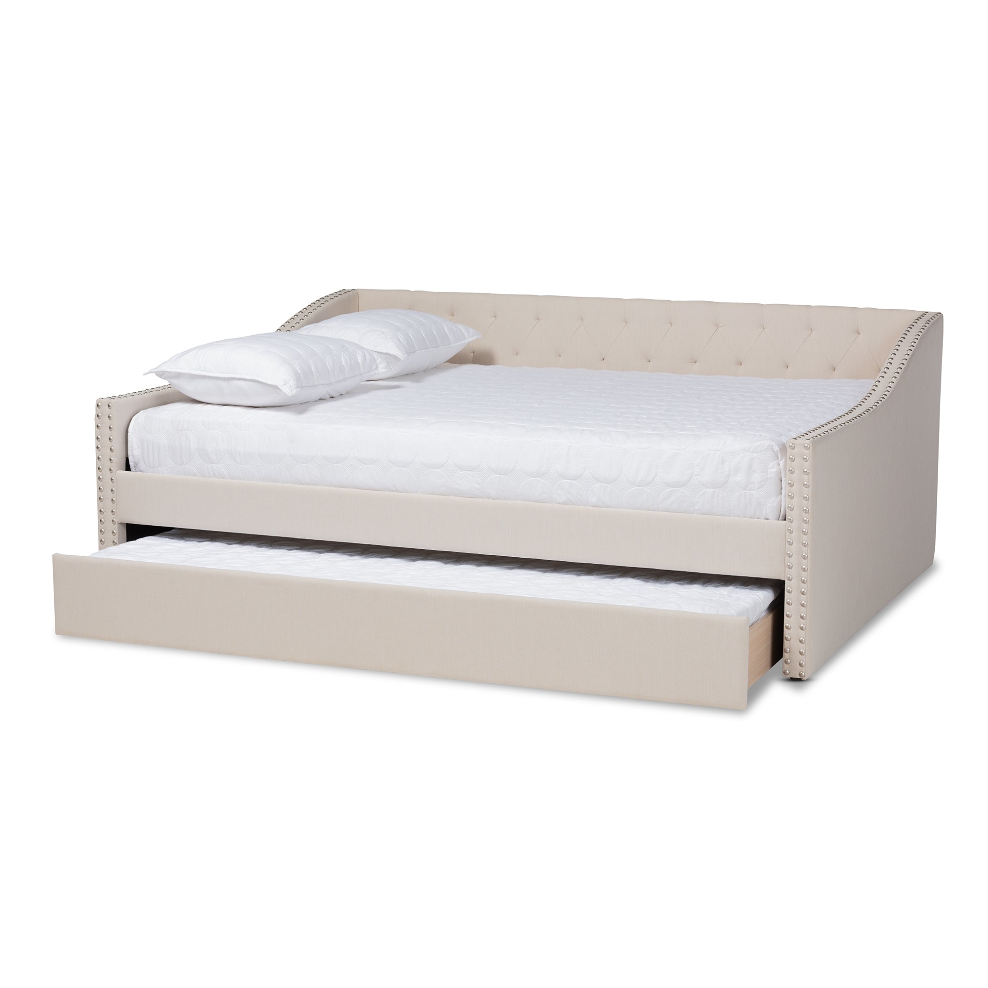 Baxton Studio Haylie Modern and Contemporary Beige Fabric Upholstered Queen Size Daybed with Roll-Out Trundle Bed