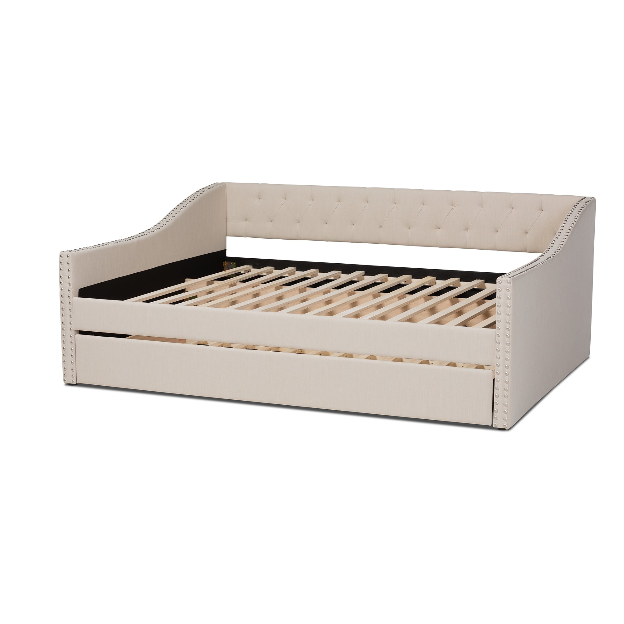 Baxton Studio Haylie Modern and Contemporary Beige Fabric Upholstered Queen Size Daybed with Roll-Out Trundle Bed