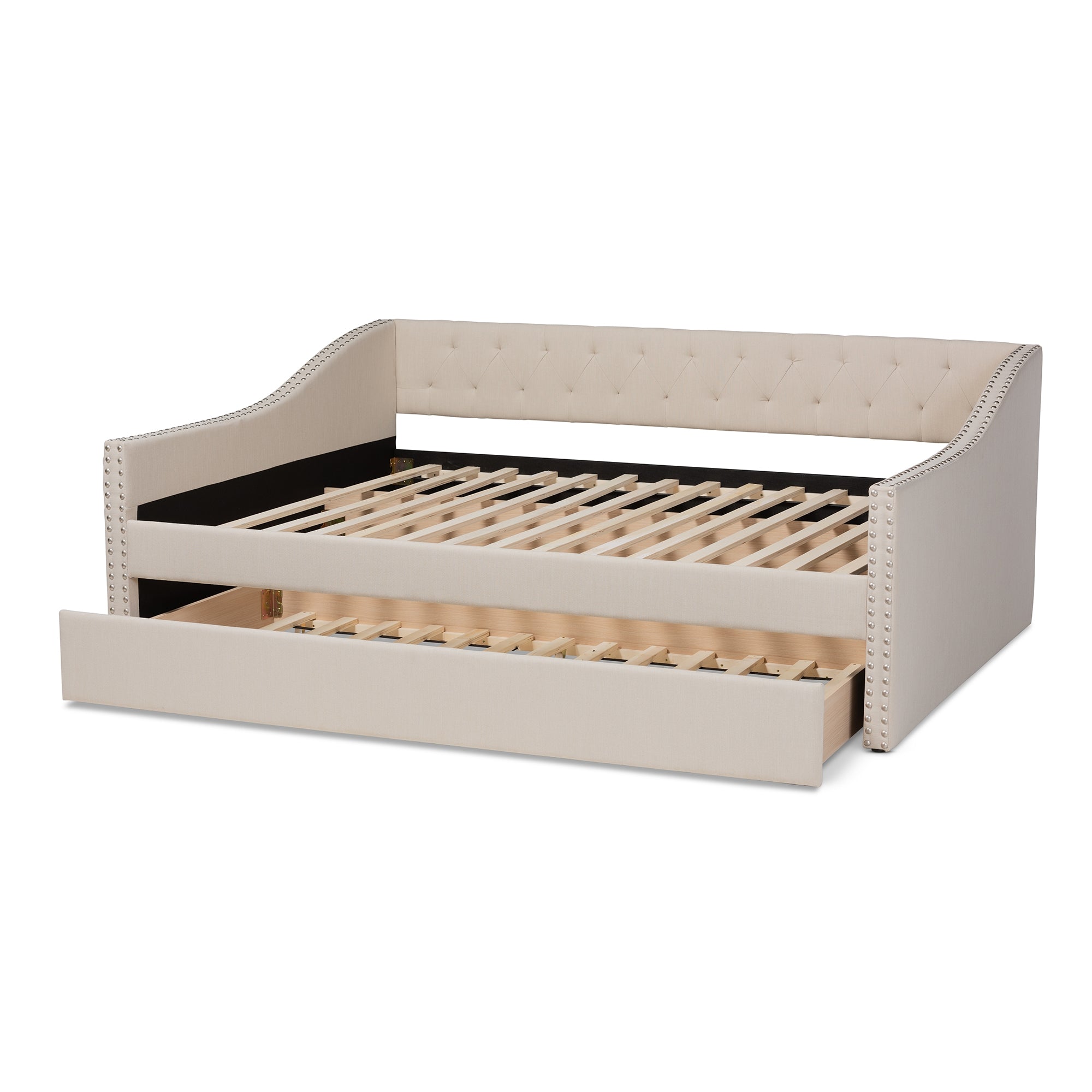 Baxton Studio Haylie Modern and Contemporary Beige Fabric Upholstered Queen Size Daybed with Roll-Out Trundle Bed
