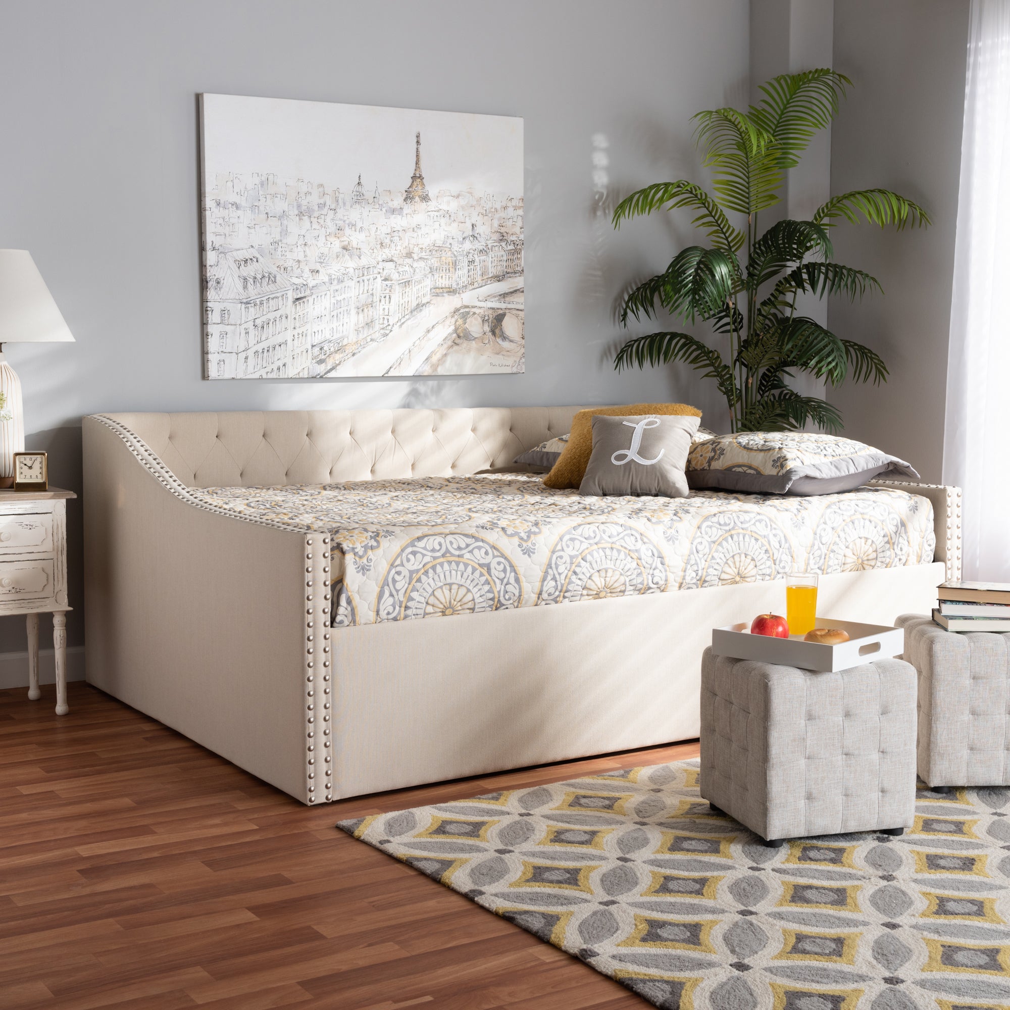 Baxton Studio Haylie Modern and Contemporary Beige Fabric Upholstered Queen Size Daybed