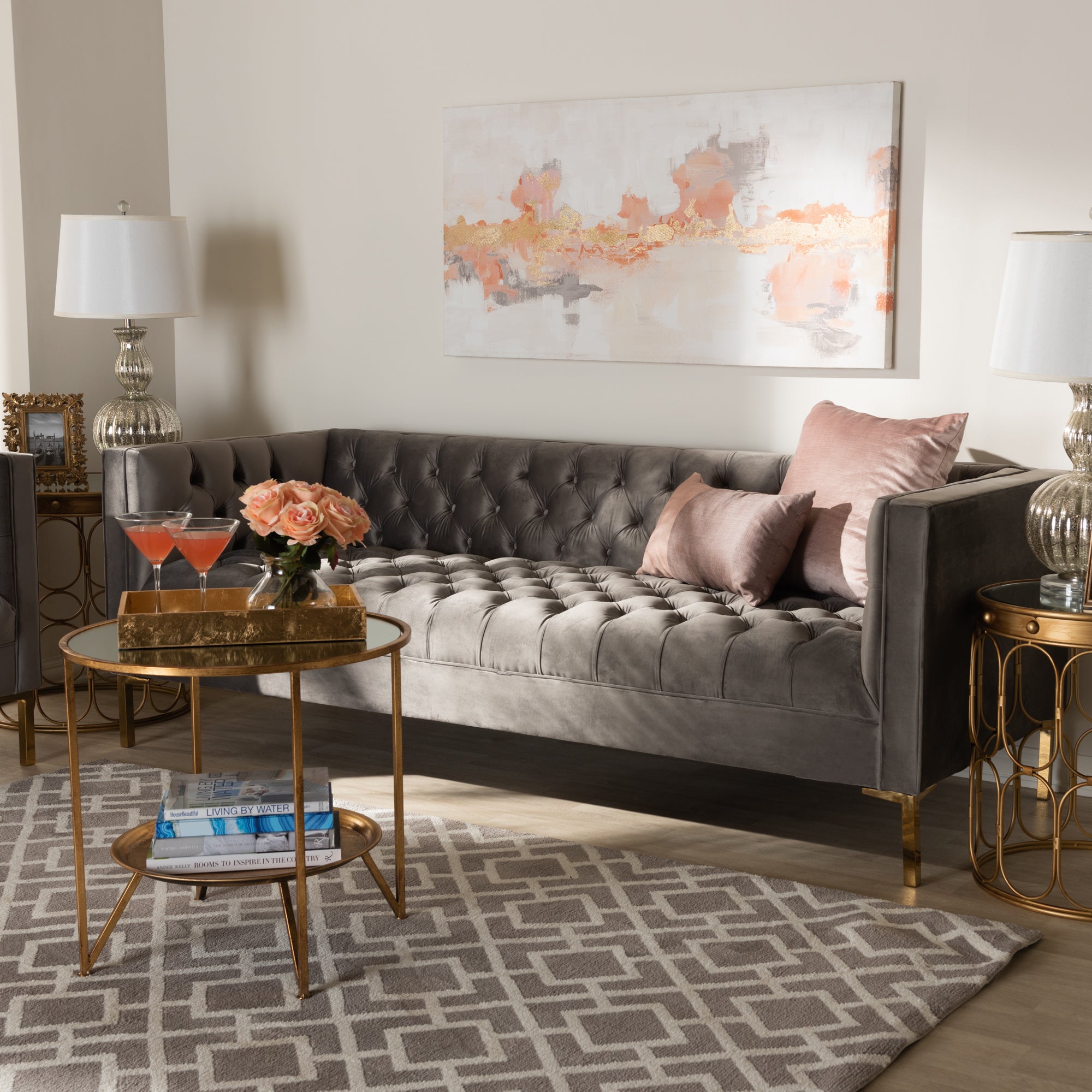 Baxton Studio Zanetta Glam and Luxe Gray Velvet Upholstered Gold Finished Sofa