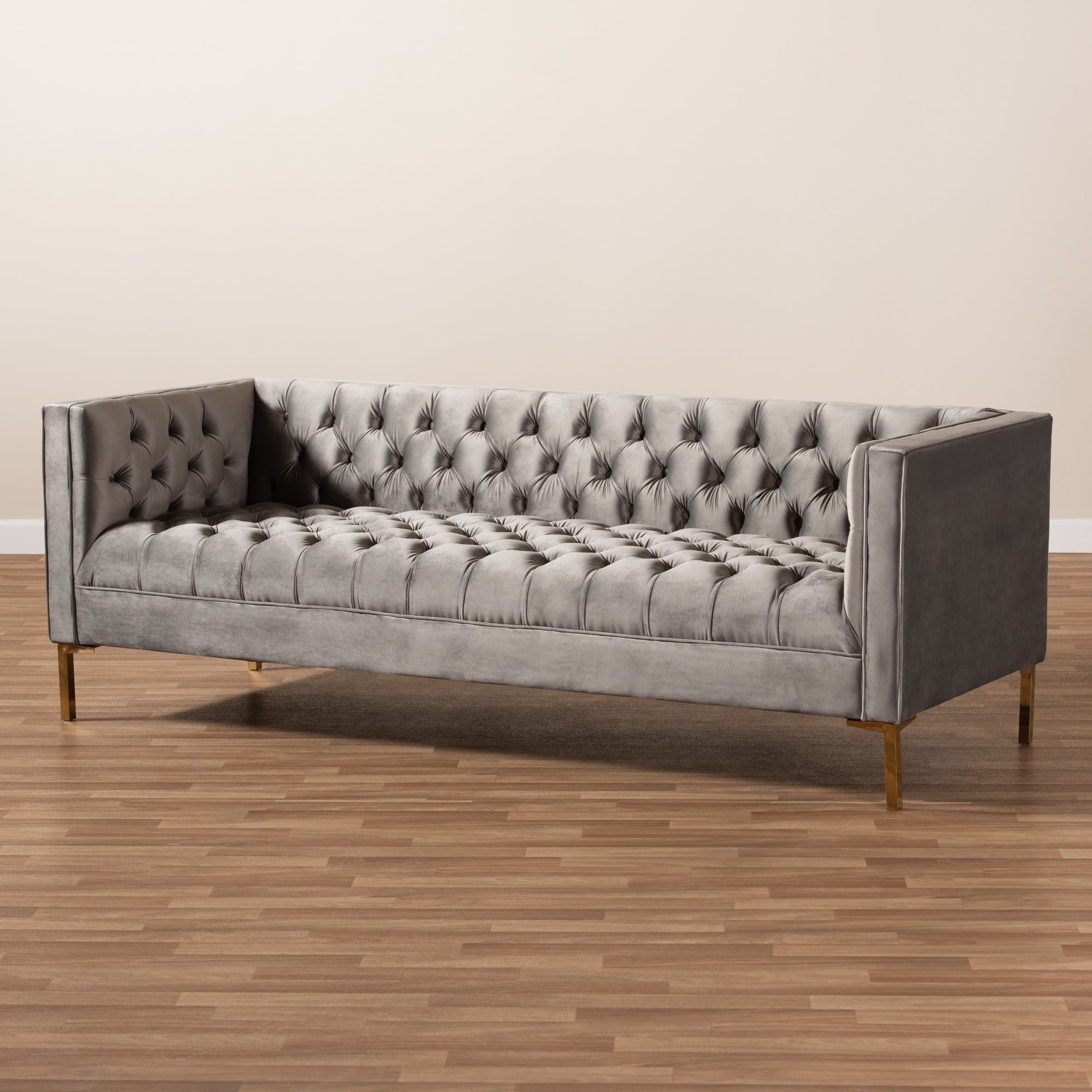 Baxton Studio Zanetta Glam and Luxe Gray Velvet Upholstered Gold Finished Sofa