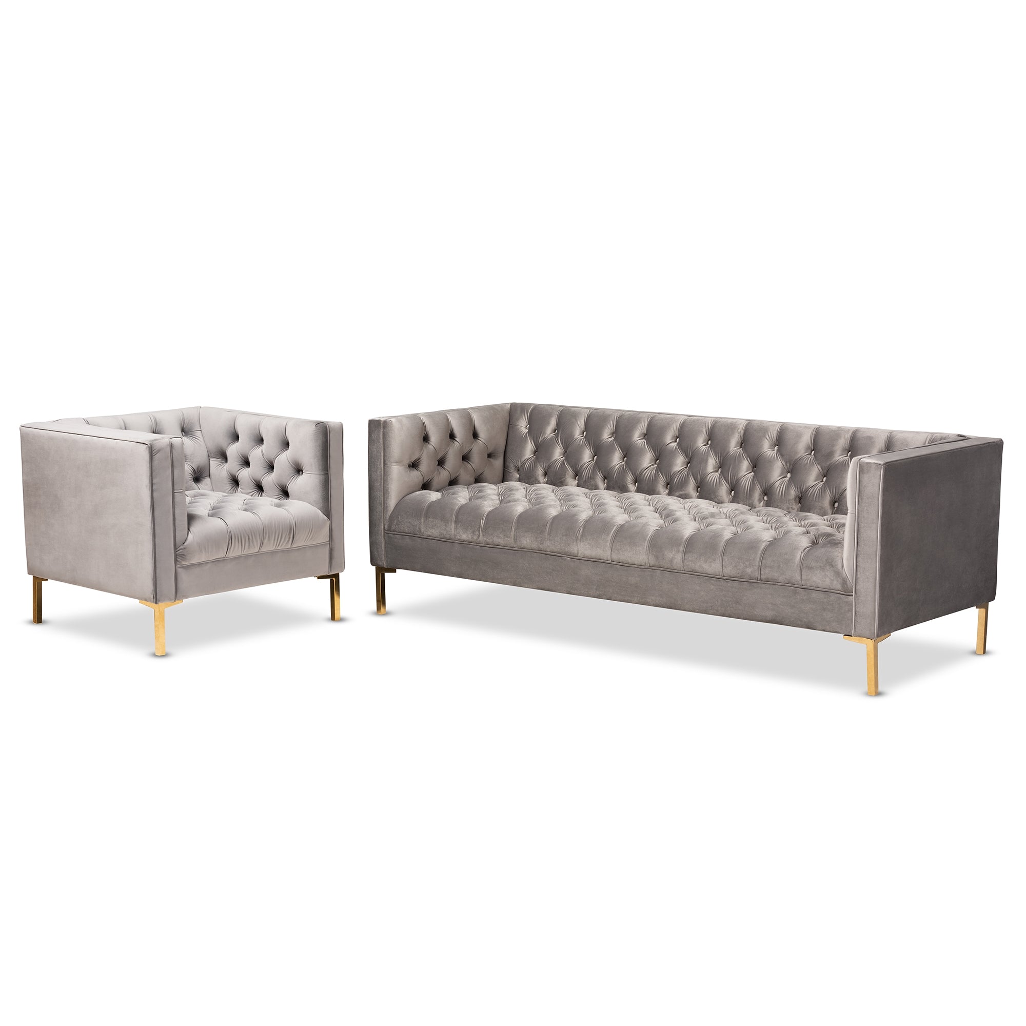 Baxton Studio Zanetta Glam and Luxe Gray Velvet Upholstered Gold Finished 2-Piece Sofa and Lounge Chair Set