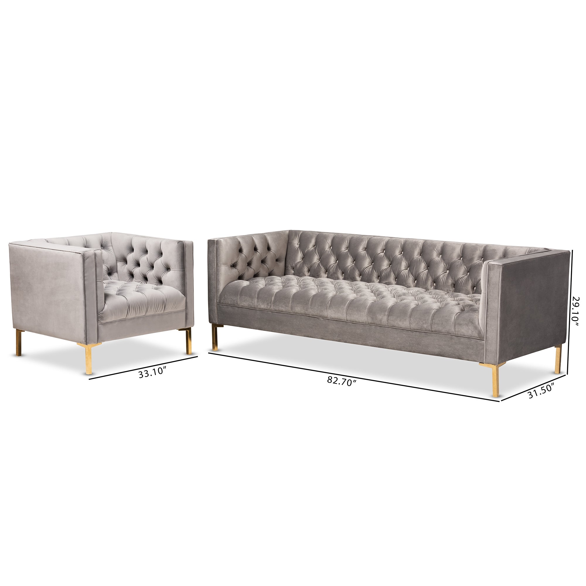 Baxton Studio Zanetta Glam and Luxe Gray Velvet Upholstered Gold Finished 2-Piece Sofa and Lounge Chair Set