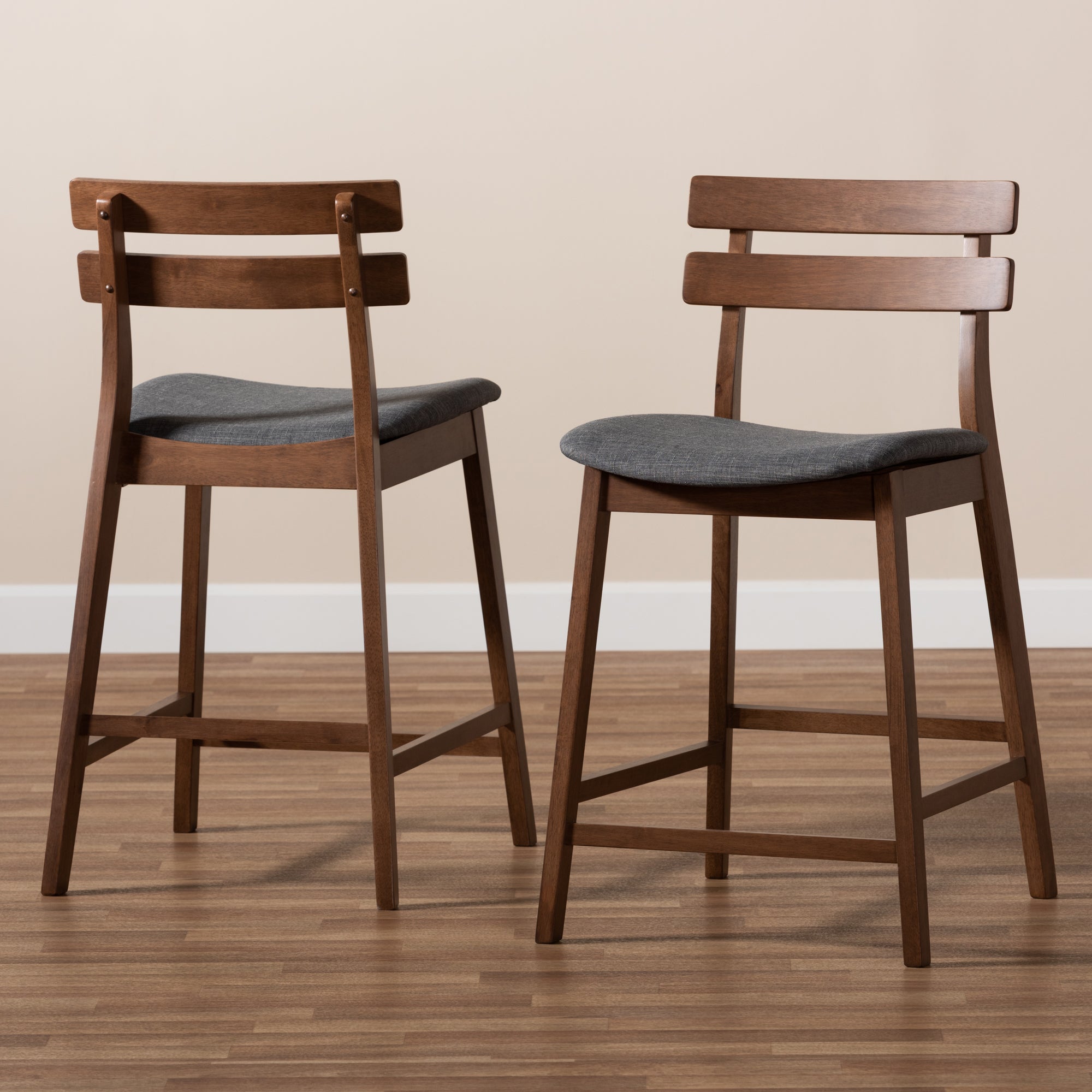 Baxton Studio Larine Modern and Contemporary Dark Grey Fabric Upholstered Walnut Finished 2-Piece Wood Counter Stool Set