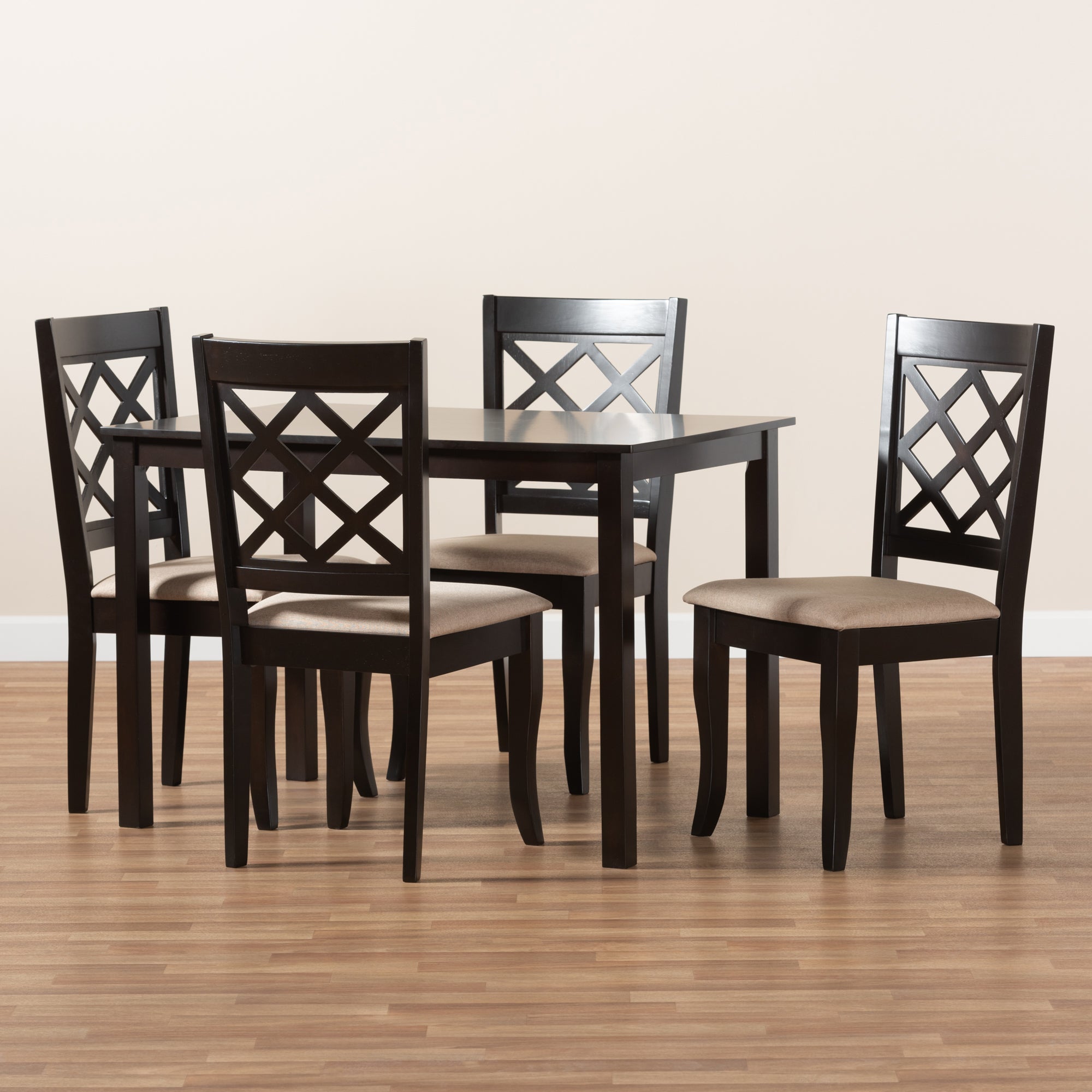 Baxton Studio Verner Modern and Contemporary Sand Fabric Upholstered Espresso Brown Finished 5-Piece Wood Dining Set