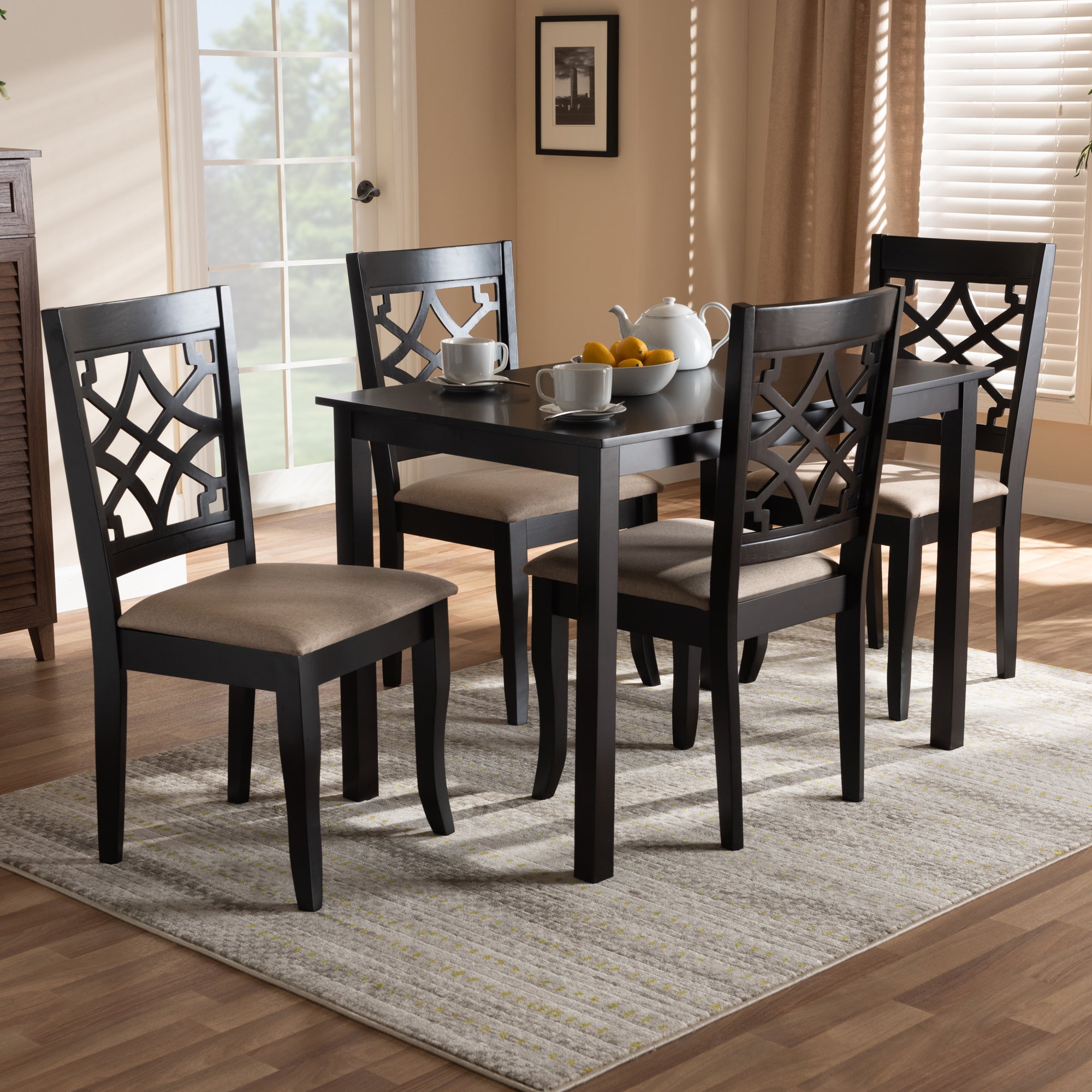 Baxton Studio Mael Modern and Contemporary Sand Fabric Upholstered Espresso Brown Finished 5-Piece Wood Dining Set