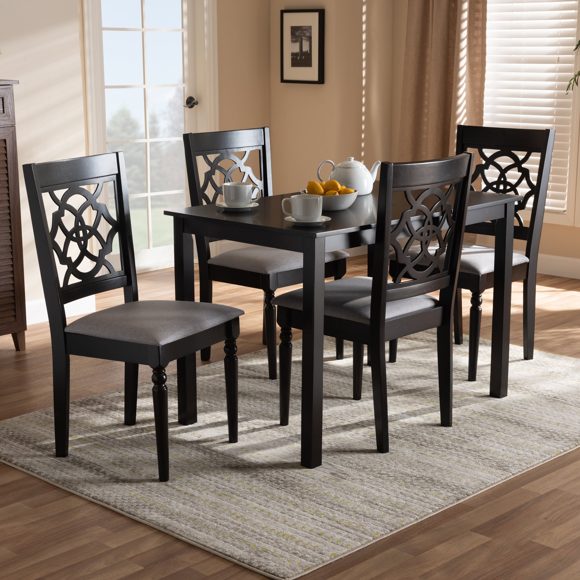 Baxton Studio Renaud Modern and Contemporary Grey Fabric Upholstered Espresso Brown Finished 5-Piece Wood Dining Set