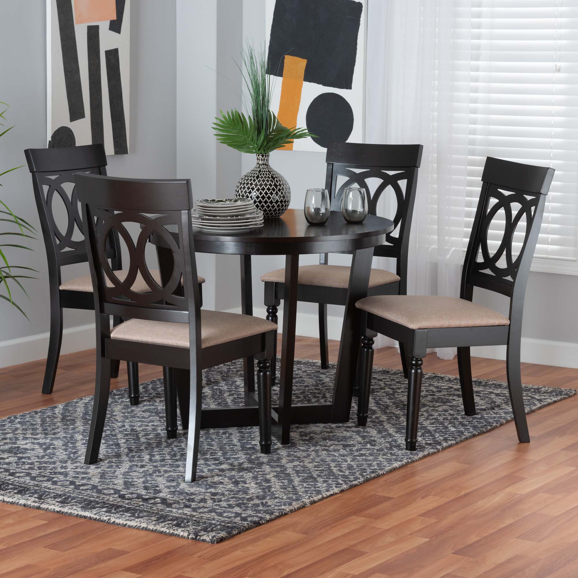 Baxton Studio Estelle Modern Beige Fabric and Dark Brown Finished Wood 5-Piece Dining Set