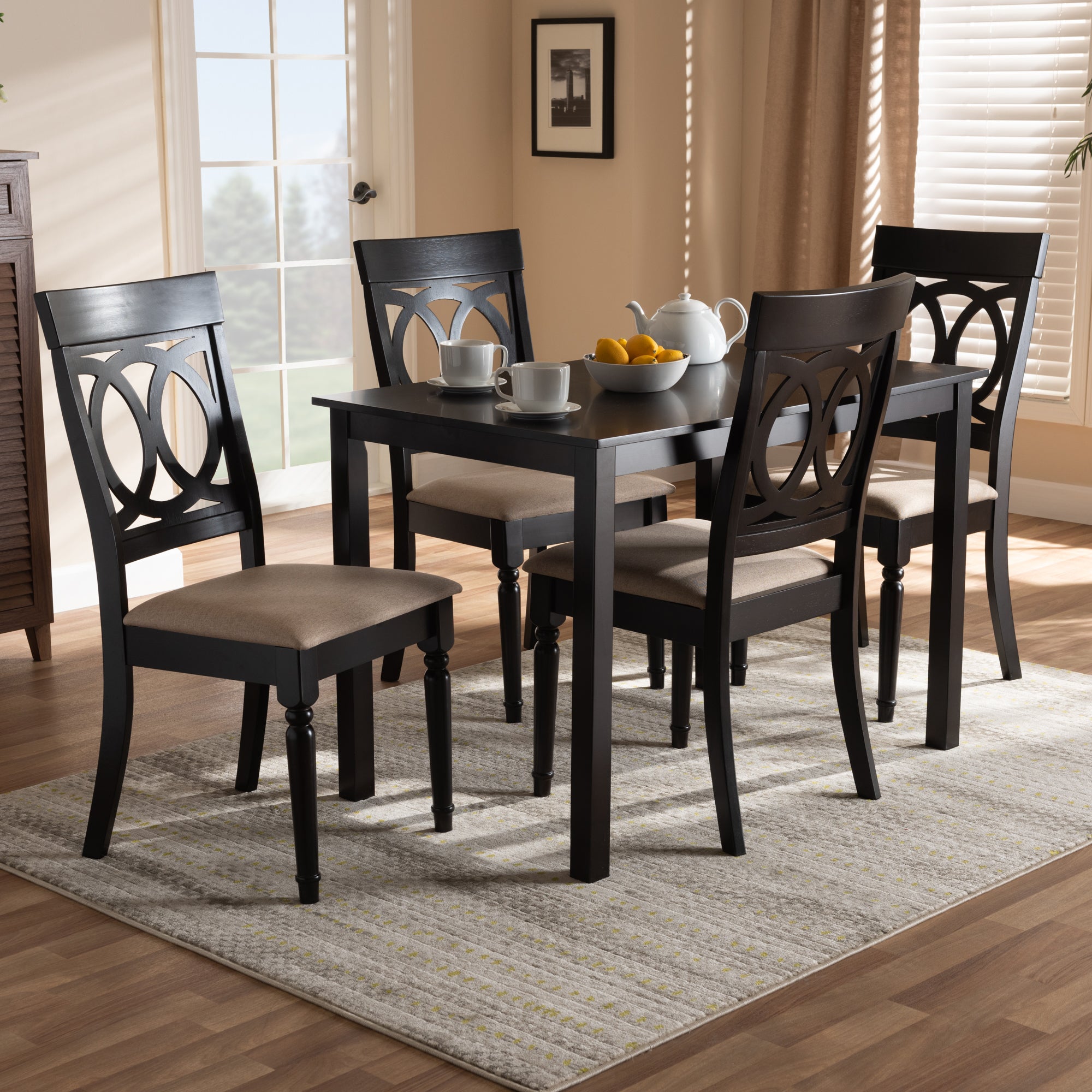 Baxton Studio Lucie Modern and Contemporary Sand Fabric Upholstered Espresso Brown Finished 5-Piece Wood Dining Set