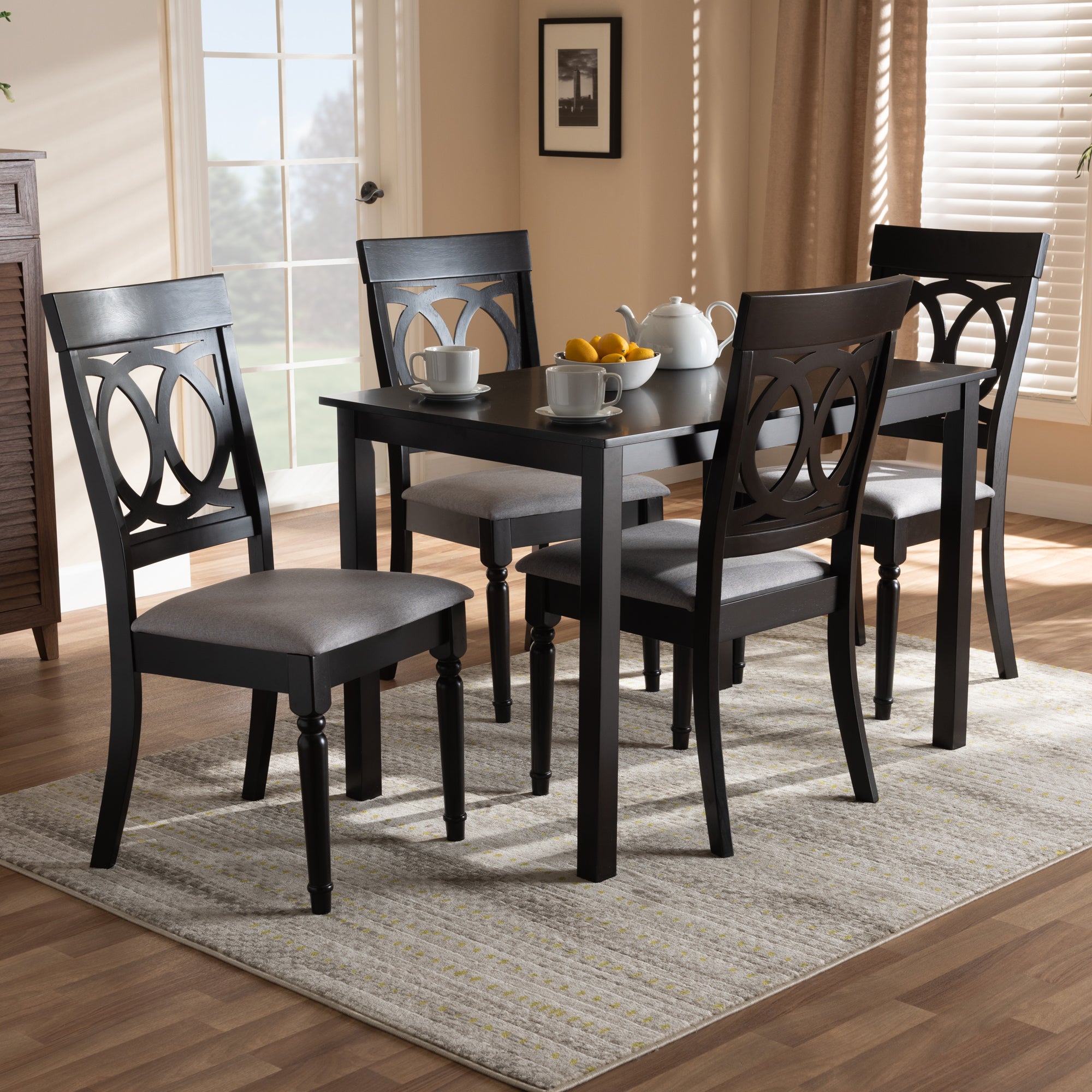Baxton Studio Lucie Modern and Contemporary Grey Fabric Upholstered Espresso Brown Finished 5-Piece Wood Dining Set