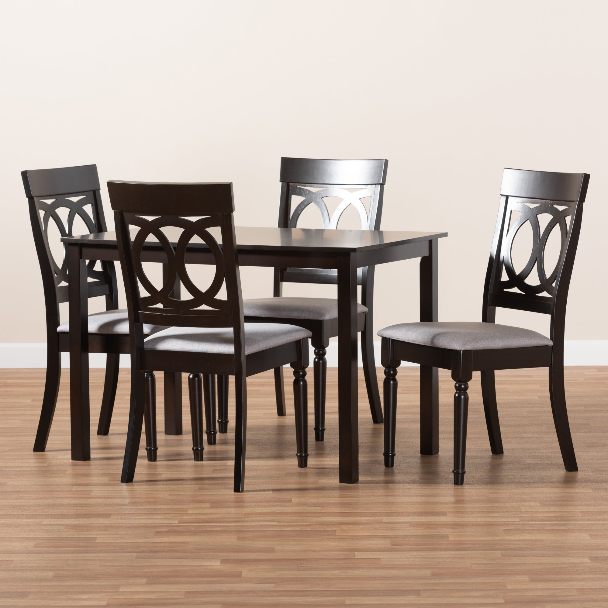 Baxton Studio Lucie Modern and Contemporary Grey Fabric Upholstered Espresso Brown Finished 5-Piece Wood Dining Set