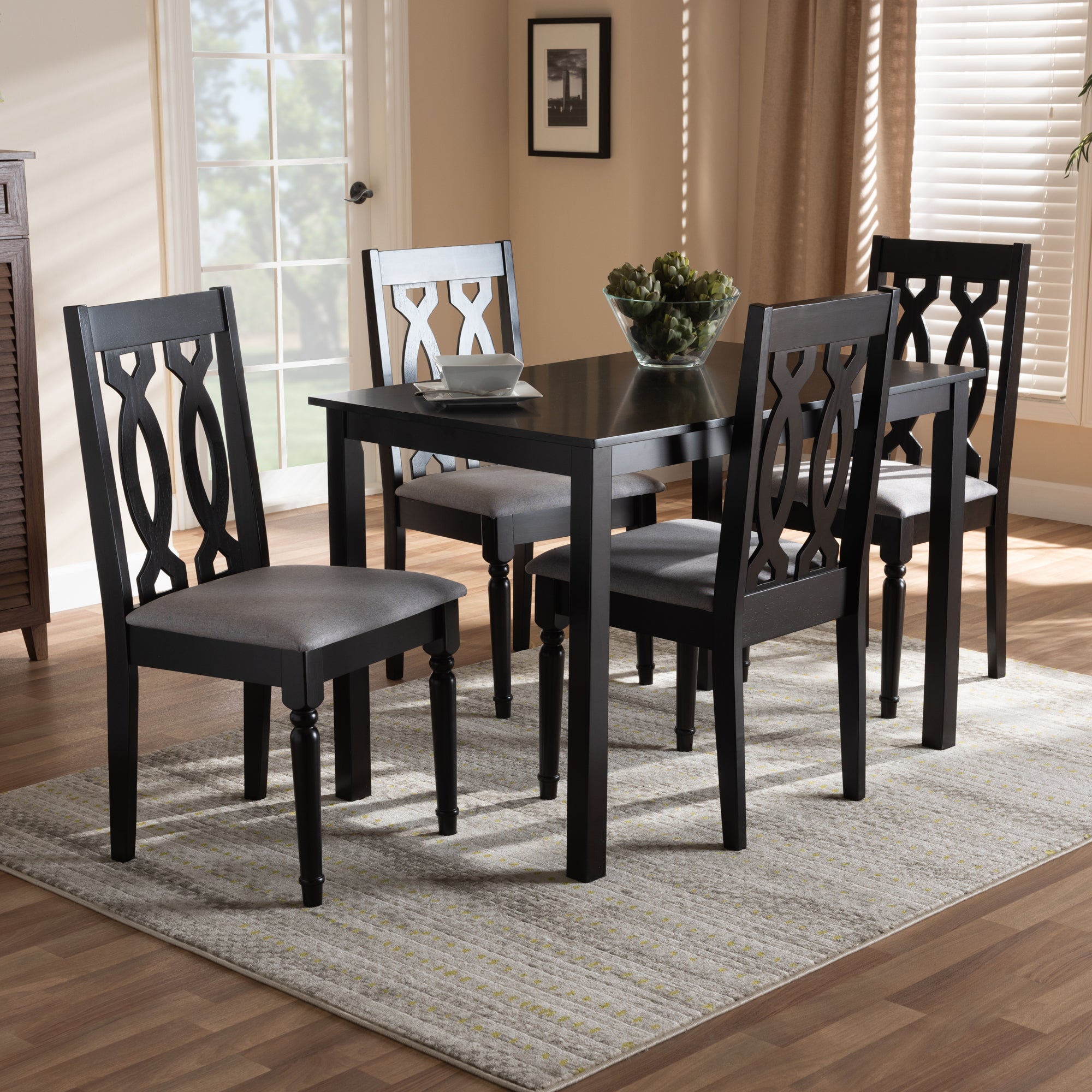 Baxton Studio Cherese Modern and Contemporary Grey Fabric Upholstered Espresso Brown Finished 5-Piece Wood Dining Set
