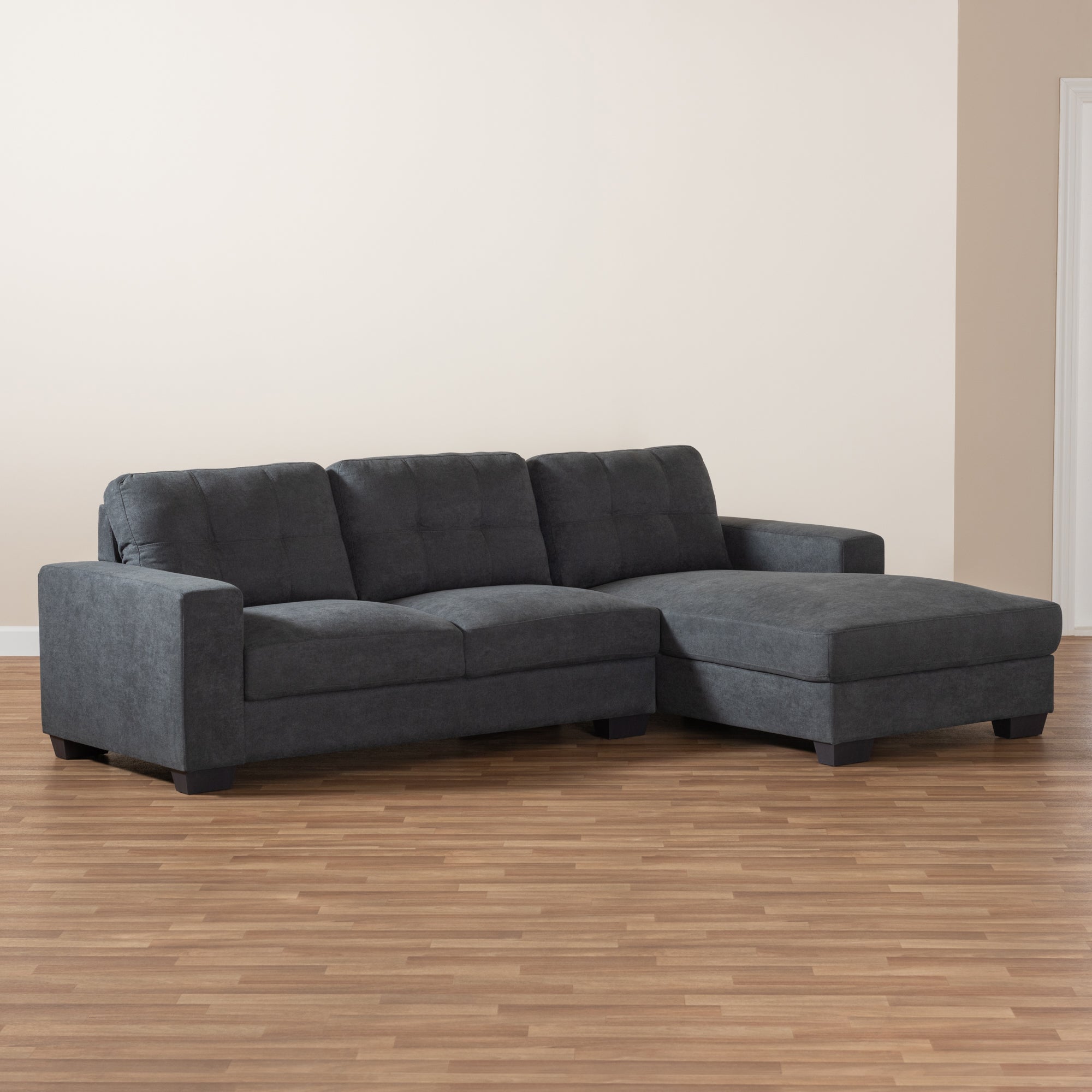 Baxton Studio Langley Modern and Contemporary Dark Grey Fabric Upholstered Sectional Sofa with Right Facing Chaise