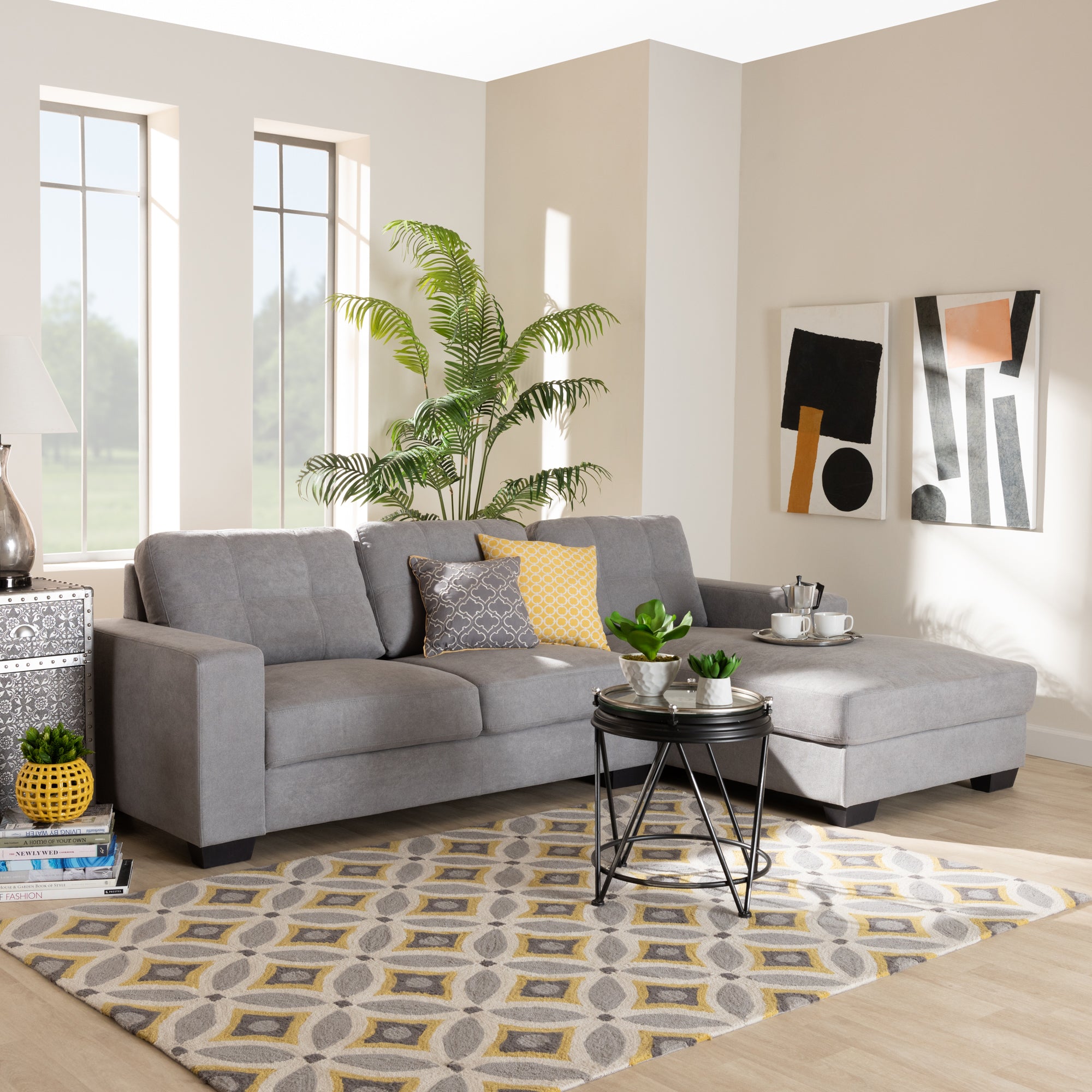 Baxton Studio Langley Modern and Contemporary Light Grey Fabric Upholstered Sectional Sofa with Right Facing Chaise