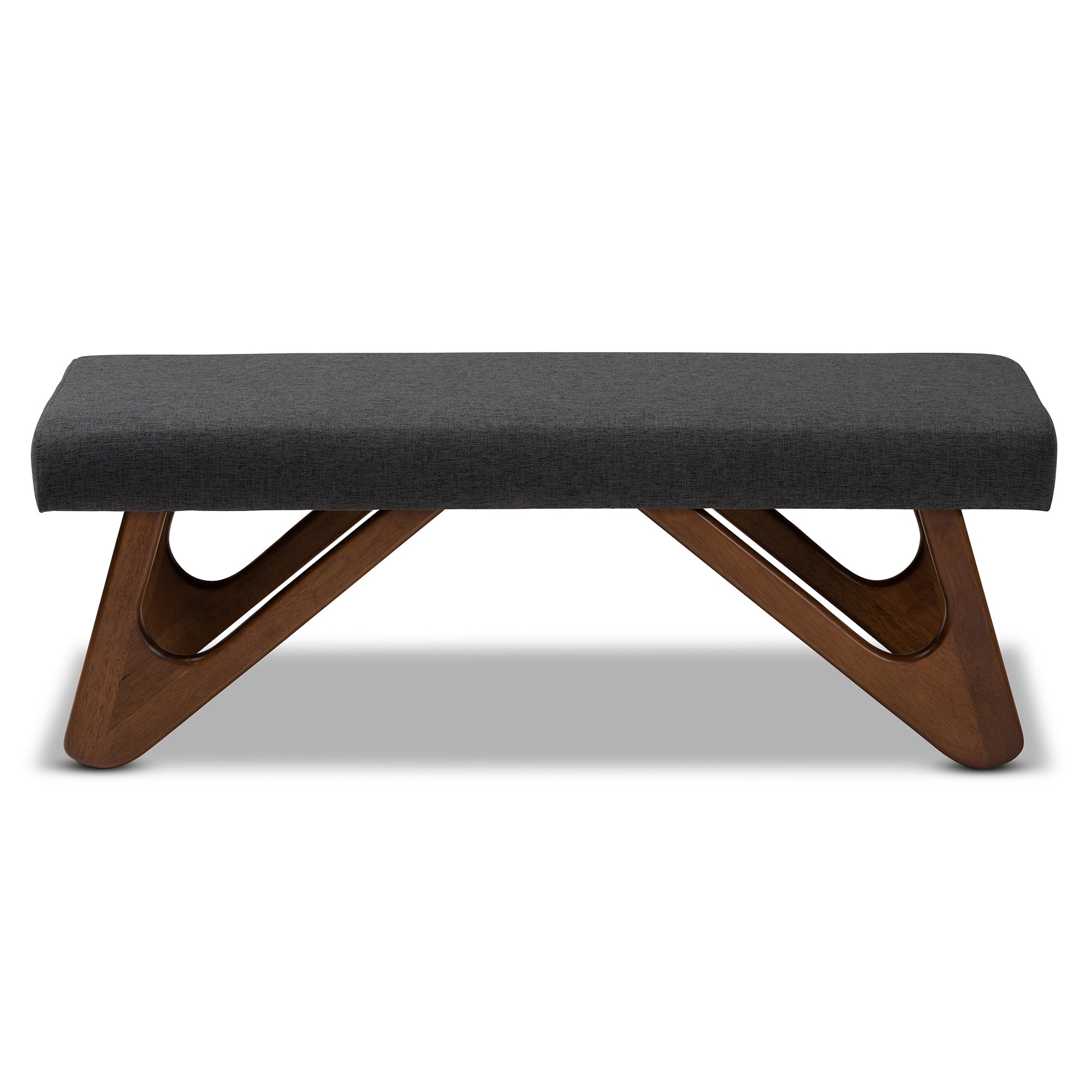 Baxton Studio Rika Mid-Century Modern Dark Grey Fabric Upholstered Walnut Brown Finished Boomerang Bench