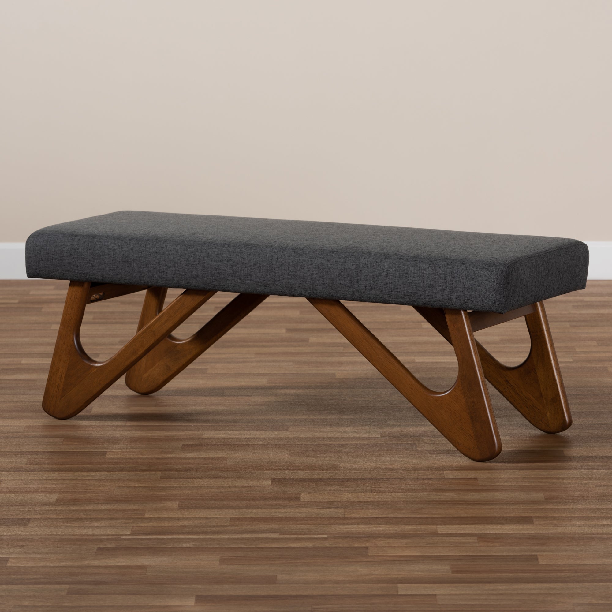 Baxton Studio Rika Mid-Century Modern Dark Grey Fabric Upholstered Walnut Brown Finished Boomerang Bench