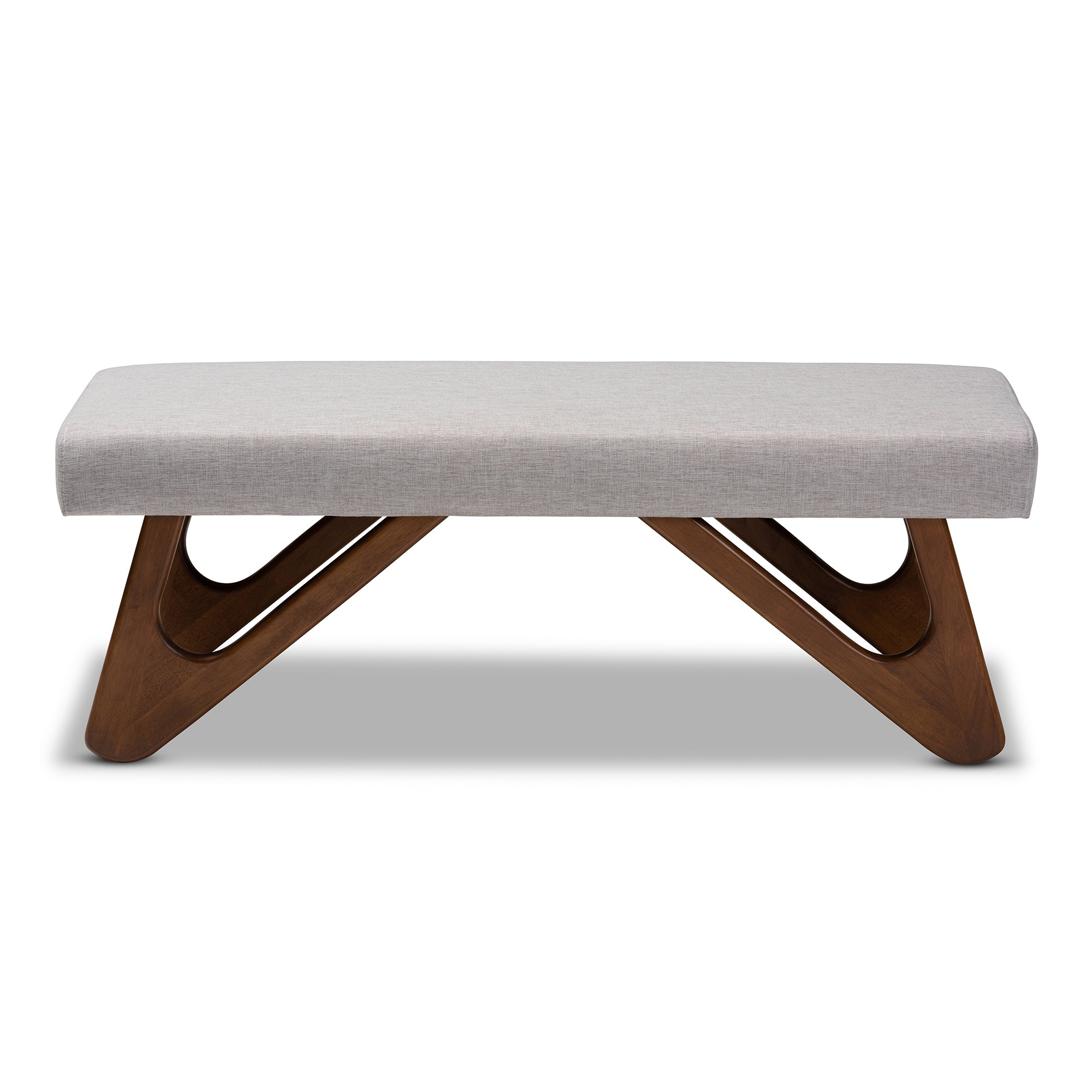 Baxton Studio Rika Mid-Century Modern Greyish Beige Fabric Upholstered Walnut Brown Finished Boomerang Bench