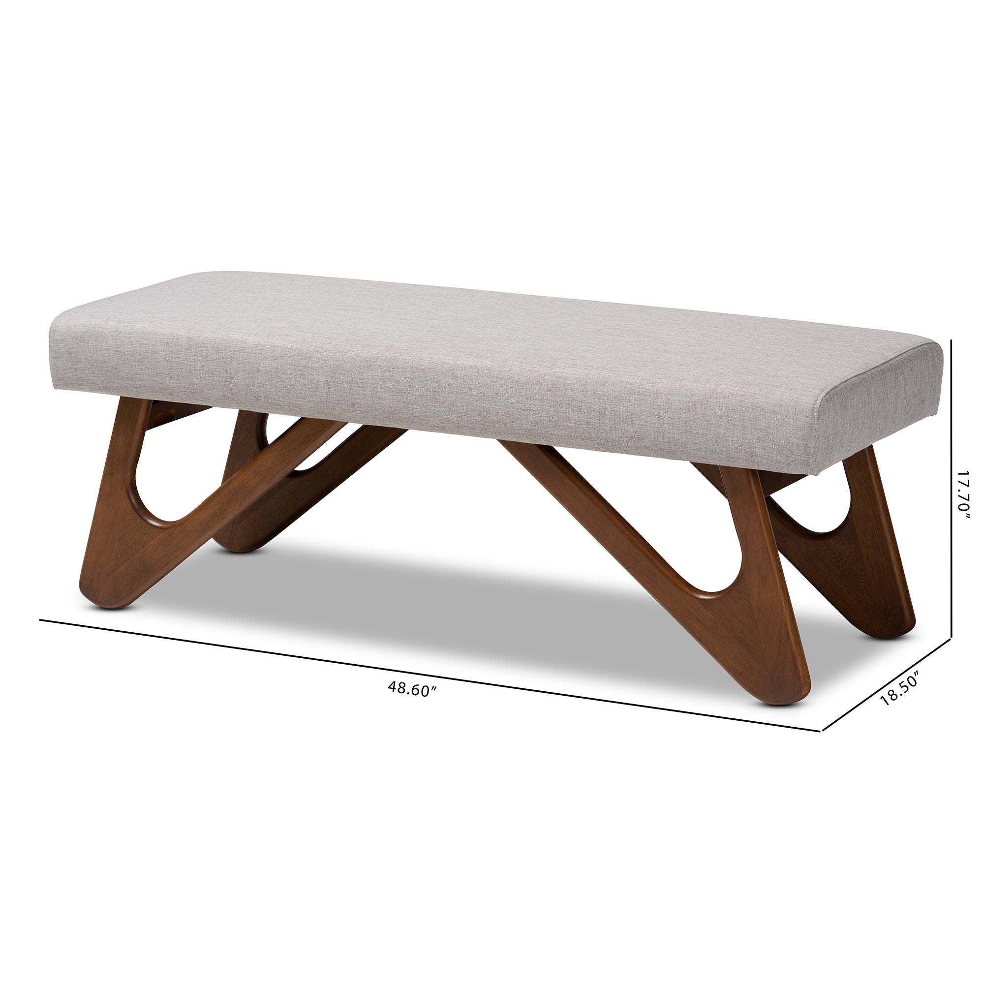 Baxton Studio Rika Mid-Century Modern Greyish Beige Fabric Upholstered Walnut Brown Finished Boomerang Bench