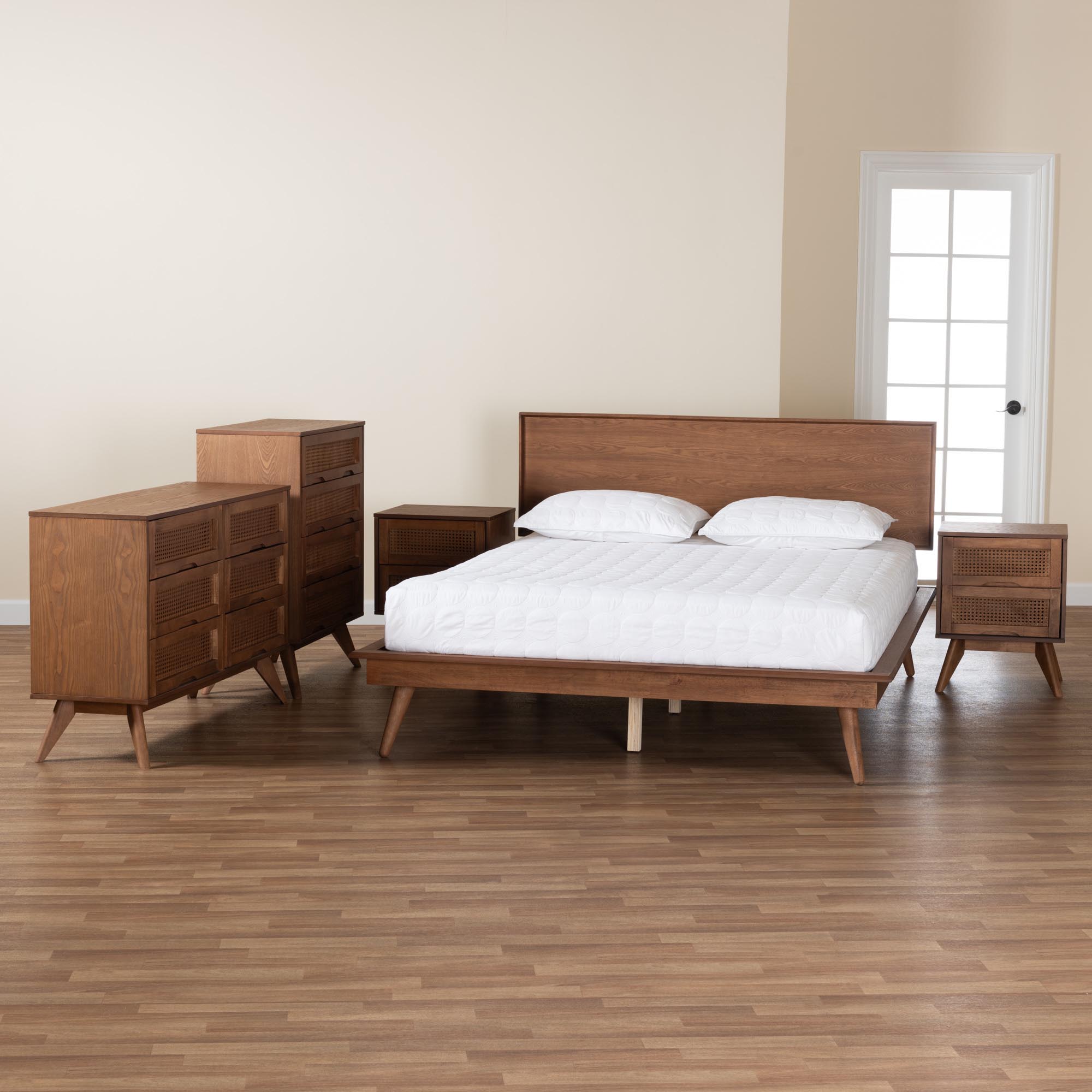 Baxton Studio Melora Mid-Century Modern Walnut Brown Finished Wood and Rattan Full Size 5-Piece Bedroom Set