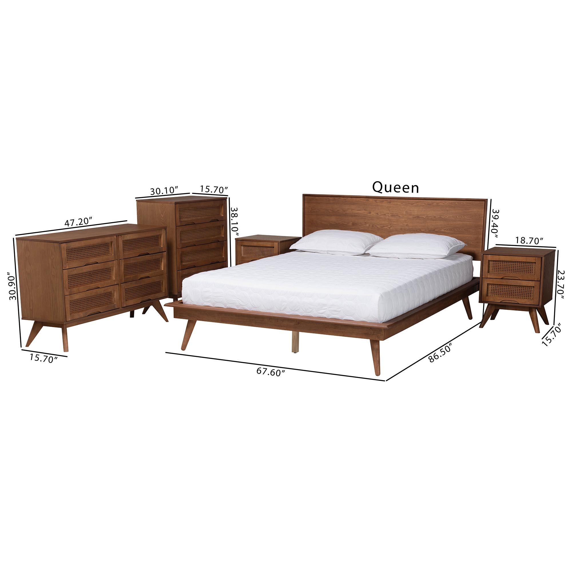 Baxton Studio Melora Mid-Century Modern Walnut Brown Finished Wood and Rattan Full Size 5-Piece Bedroom Set
