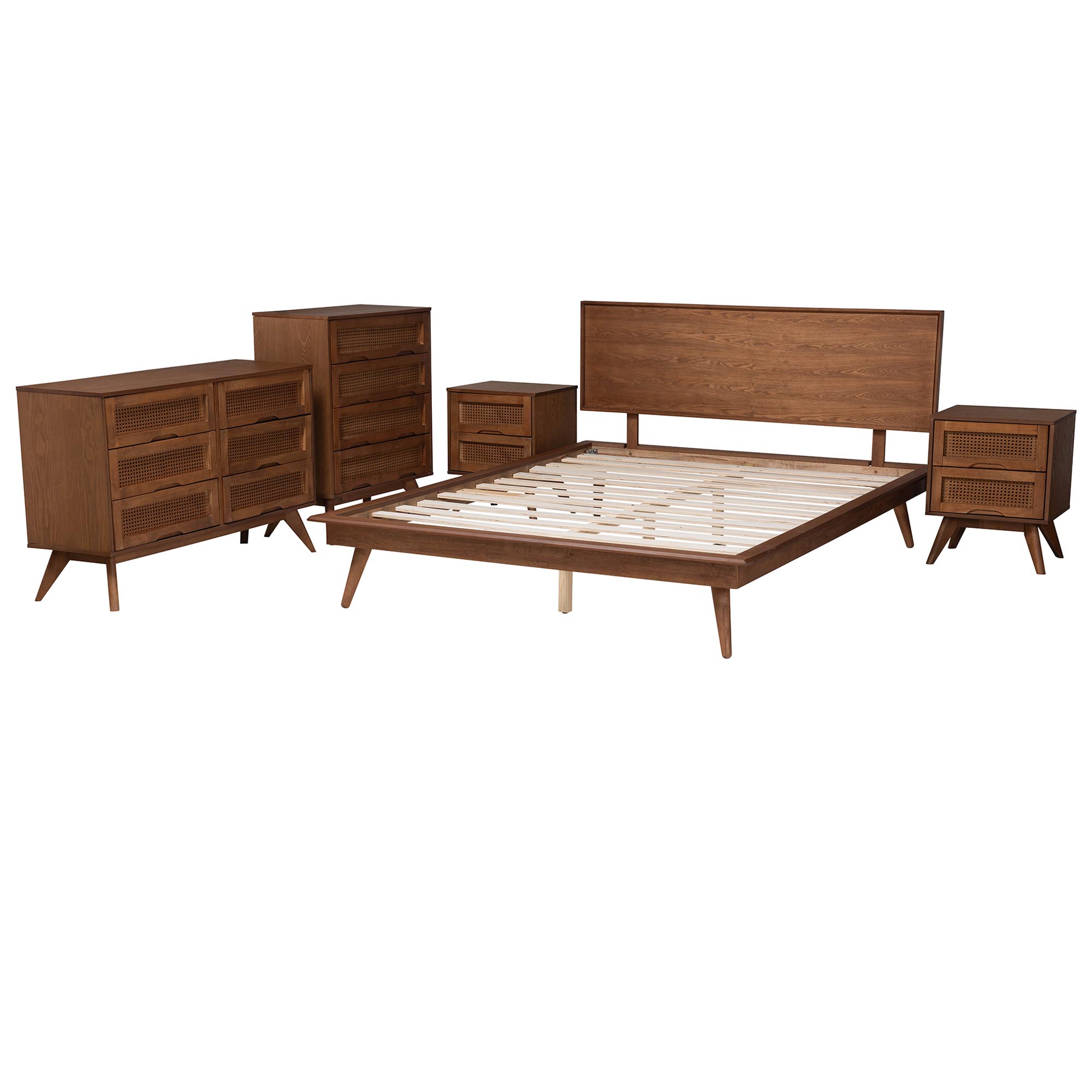 Baxton Studio Melora Mid-Century Modern Walnut Brown Finished Wood and Rattan Full Size 5-Piece Bedroom Set