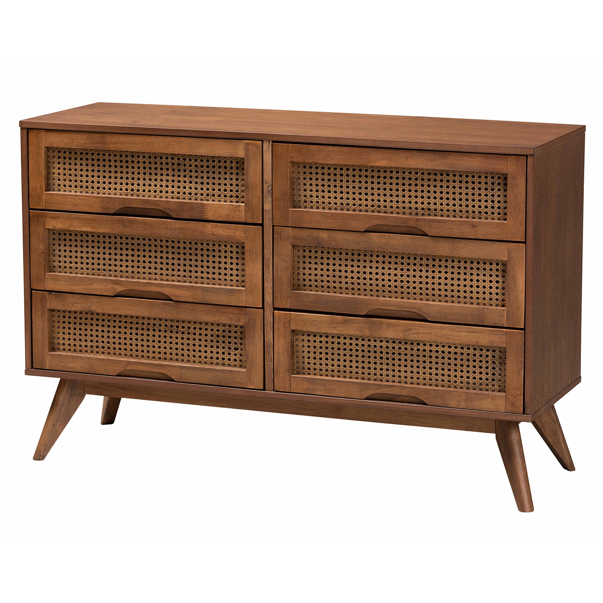 Baxton Studio Melora Mid-Century Modern Walnut Brown Finished Wood and Rattan King Size 5-Piece Bedroom Set