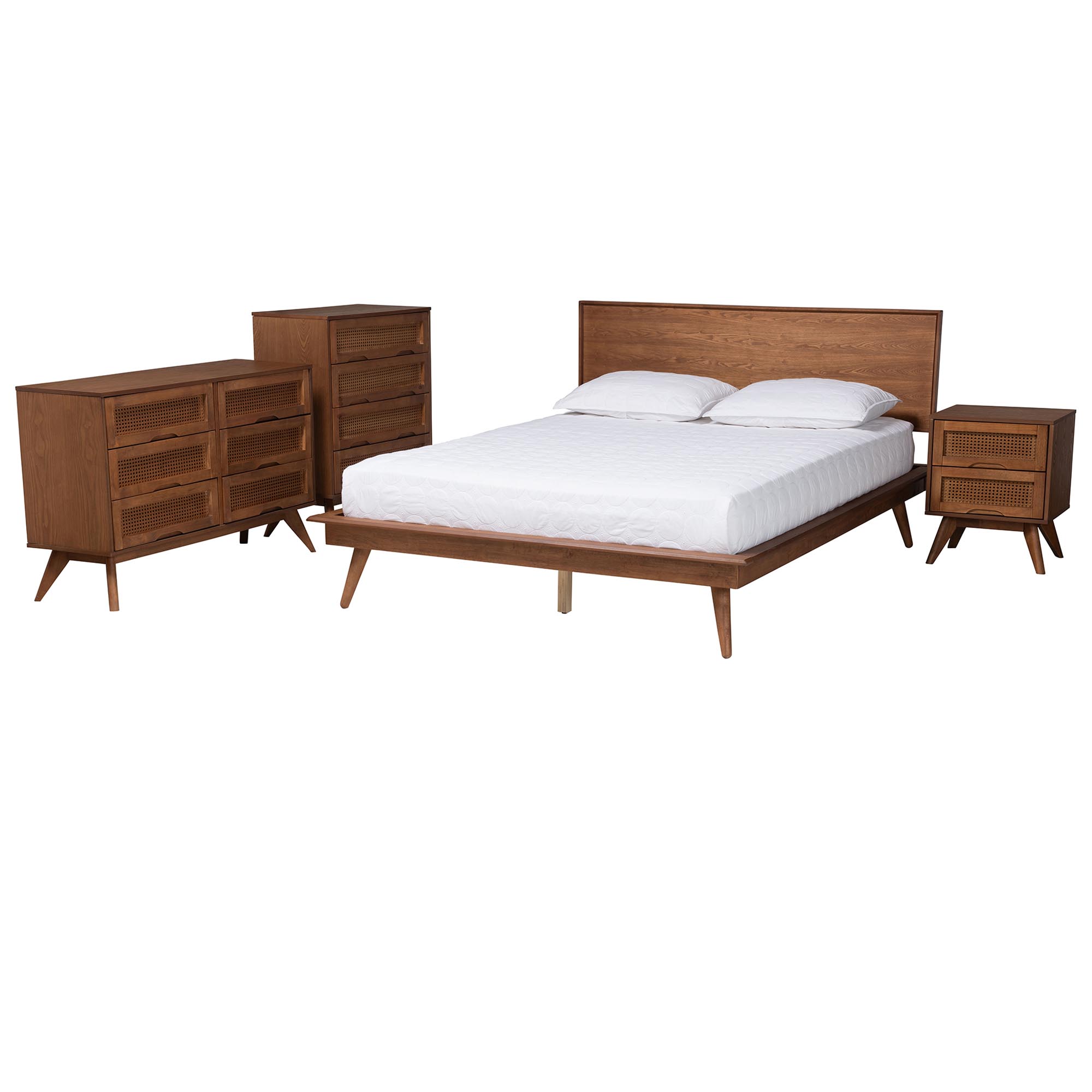 Baxton Studio Melora Mid-Century Modern Walnut Brown Finished Wood and Rattan Full Size 4-Piece Bedroom Set