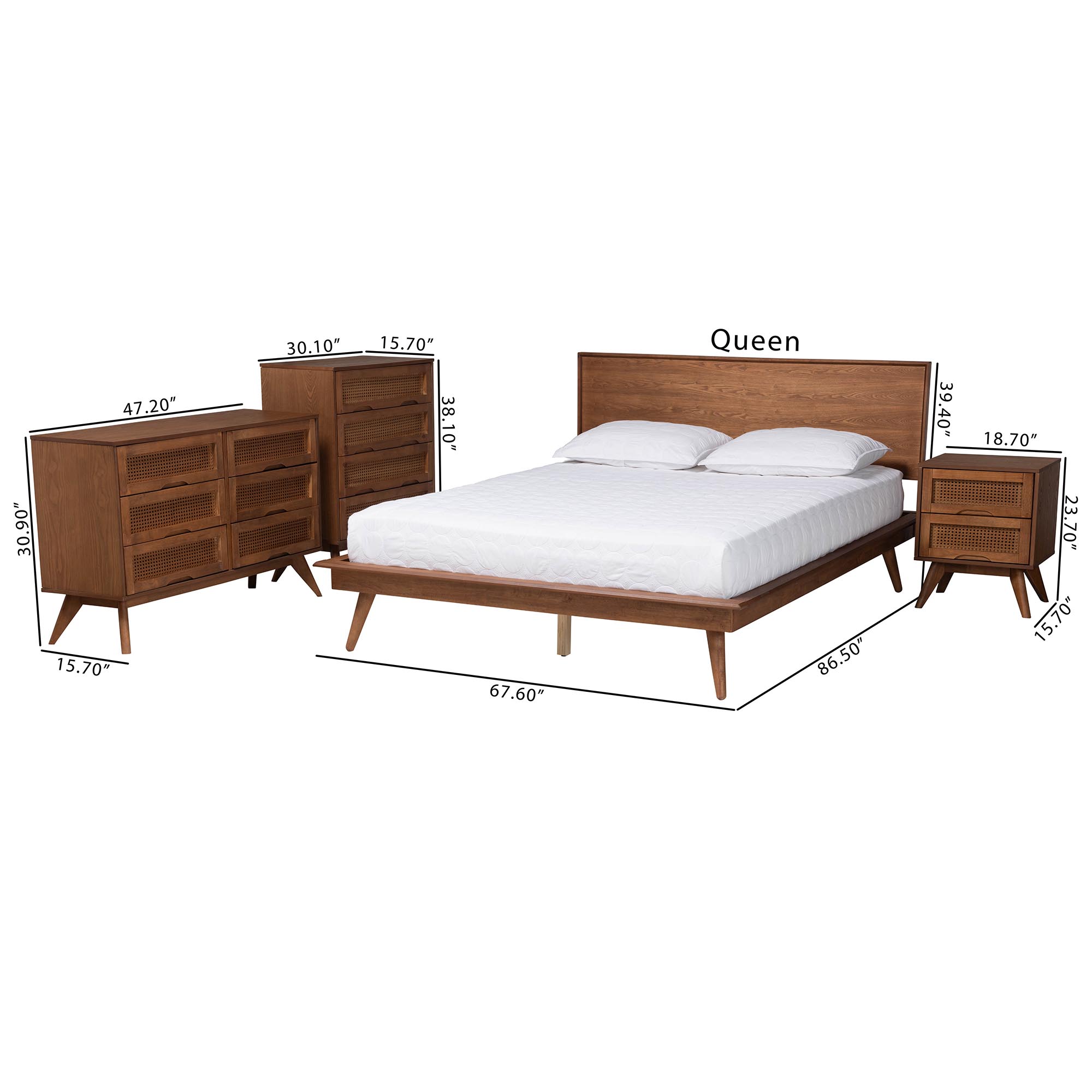 Baxton Studio Melora Mid-Century Modern Walnut Brown Finished Wood and Rattan Full Size 4-Piece Bedroom Set