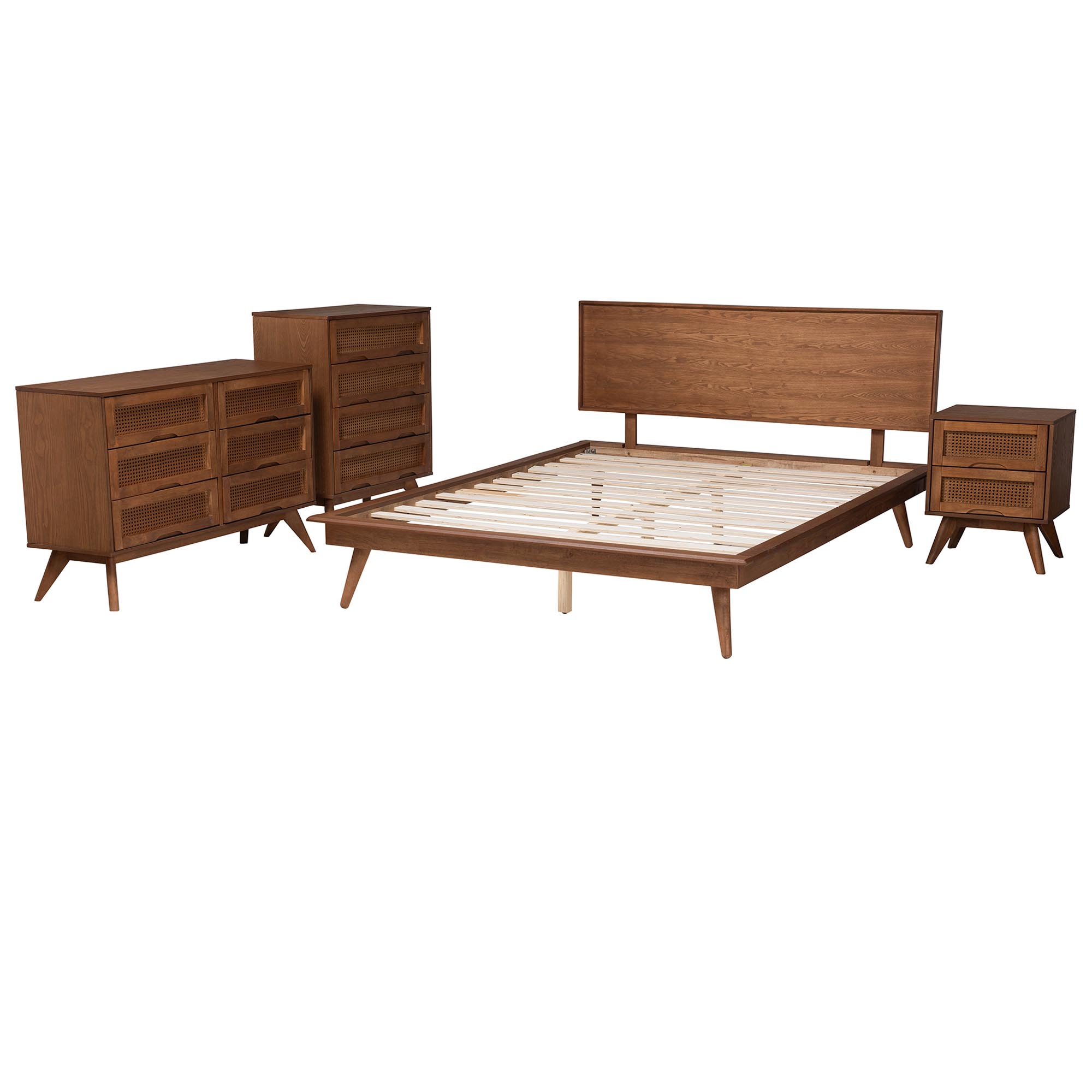 Baxton Studio Melora Mid-Century Modern Walnut Brown Finished Wood and Rattan Full Size 4-Piece Bedroom Set
