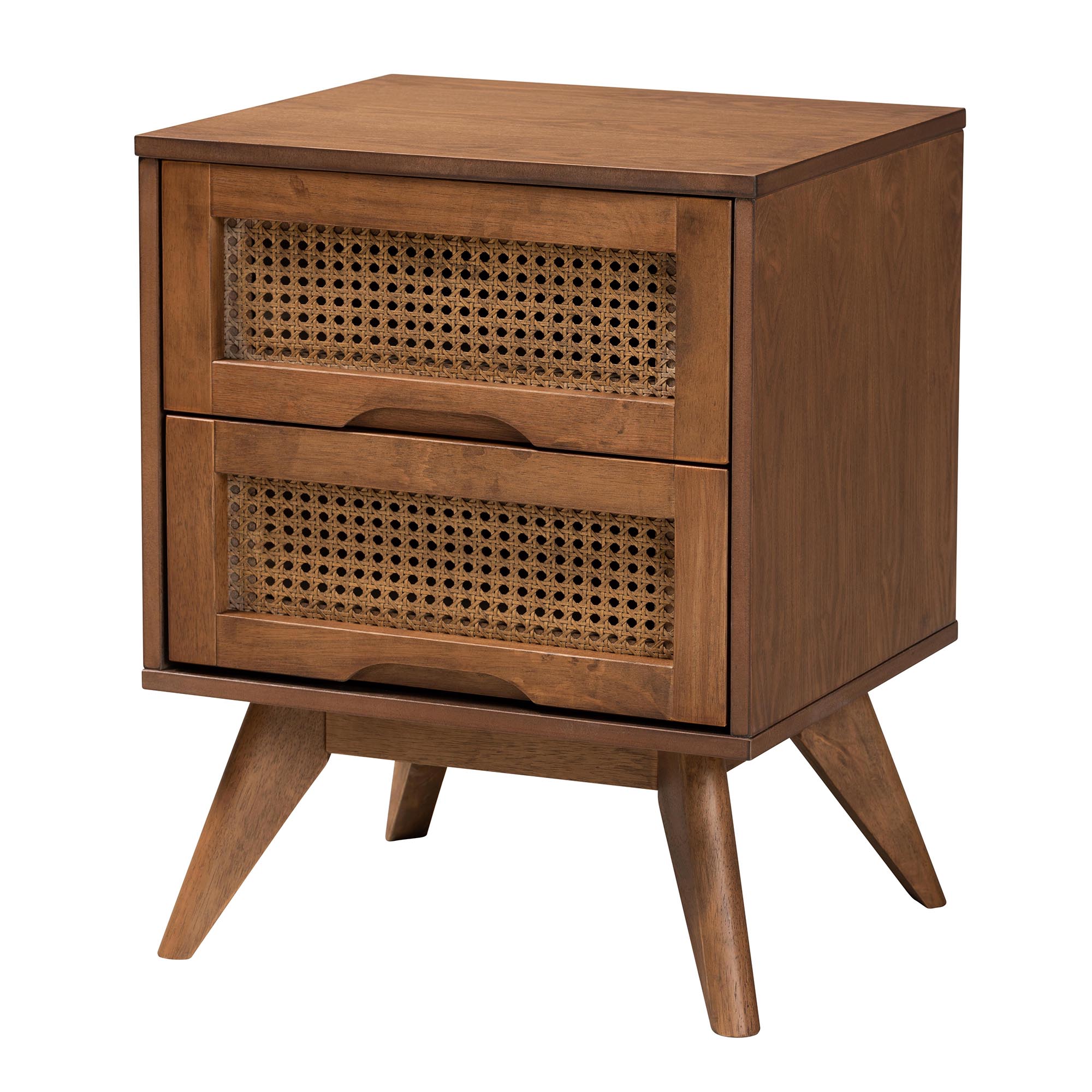 Baxton Studio Melora Mid-Century Modern Walnut Brown Finished Wood and Rattan Full Size 4-Piece Bedroom Set