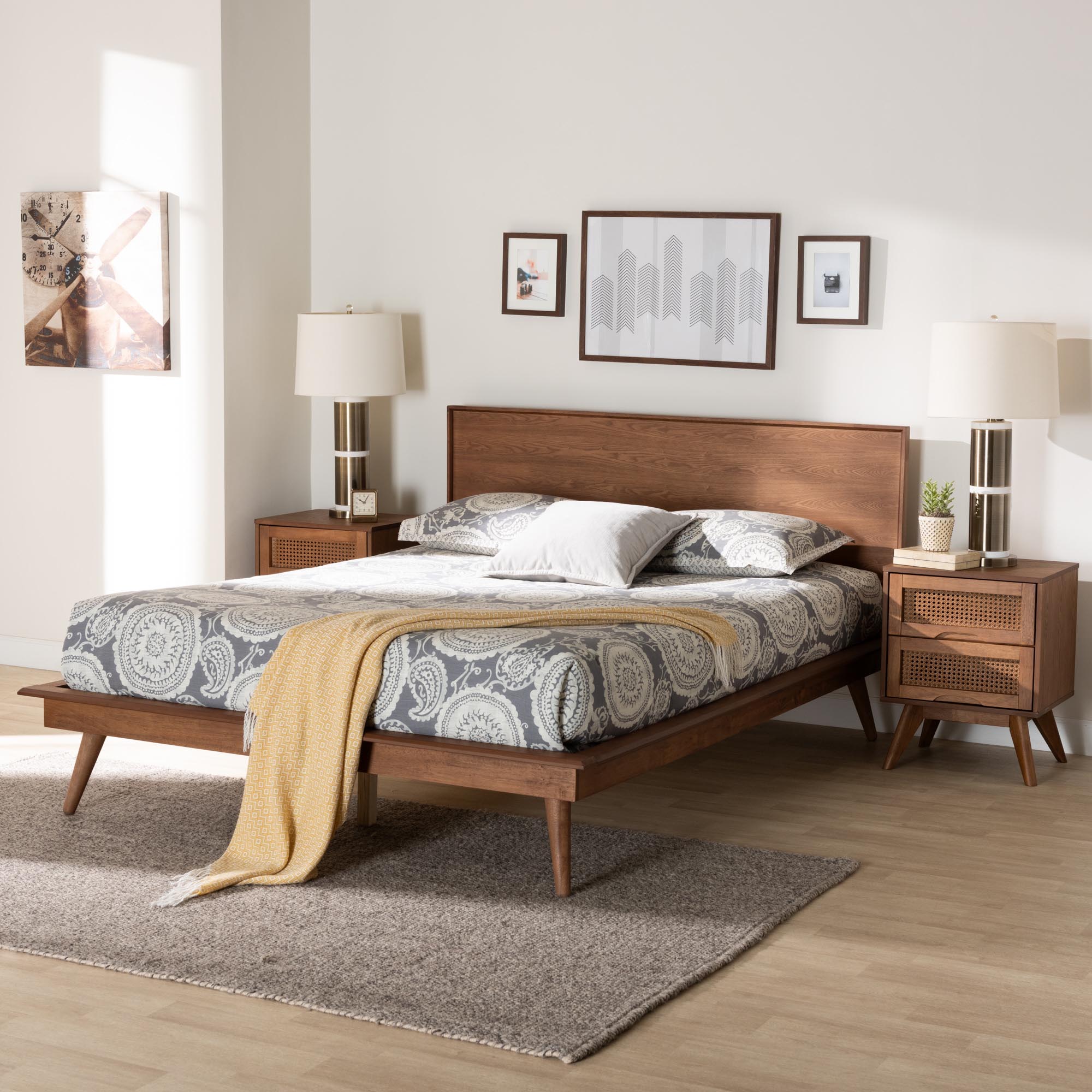 Baxton Studio Melora Mid-Century Modern Walnut Brown Finished Wood and Rattan Queen Size 3-Piece Bedroom Set