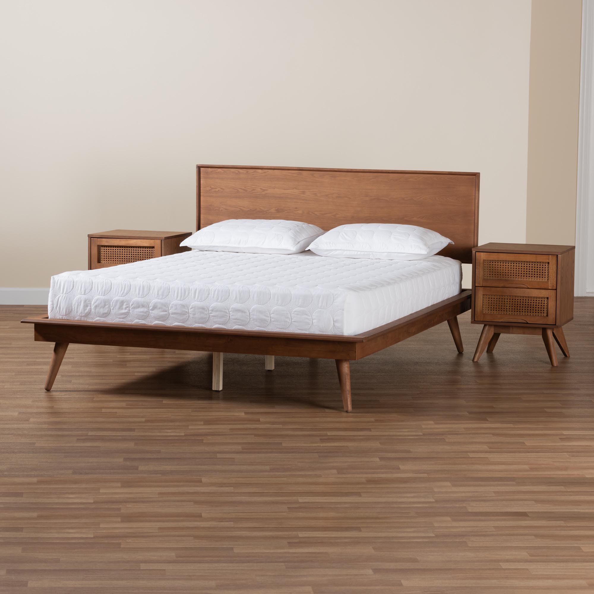 Baxton Studio Melora Mid-Century Modern Walnut Brown Finished Wood and Rattan Full Size 3-Piece Bedroom Set