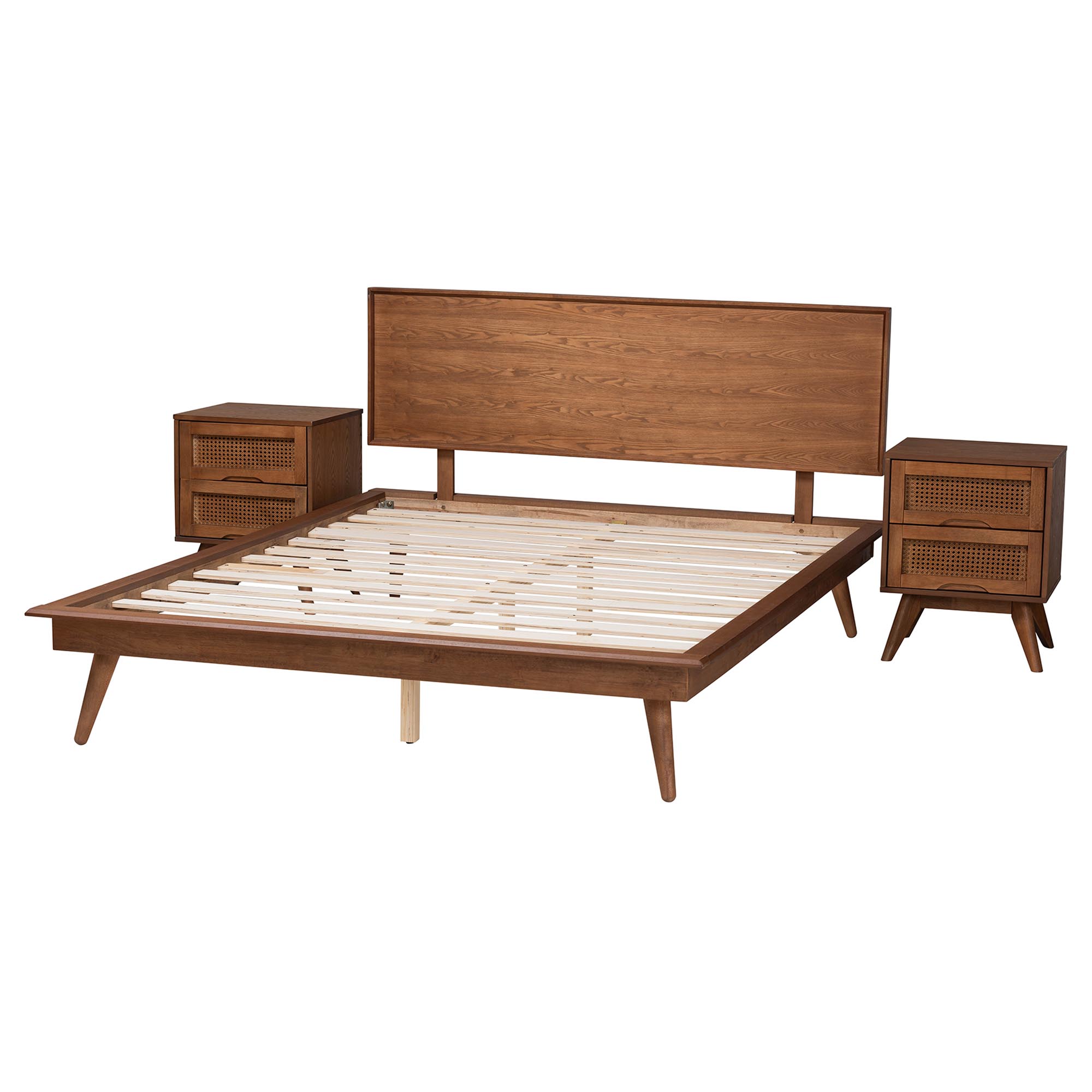 Baxton Studio Melora Mid-Century Modern Walnut Brown Finished Wood and Rattan Full Size 3-Piece Bedroom Set