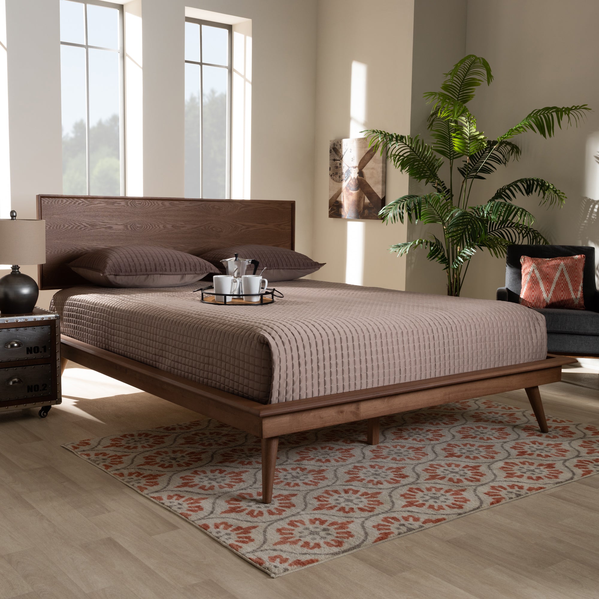 Baxton Studio Karine Mid-Century Modern Walnut Brown Finished Wood Queen Size Platform Bed