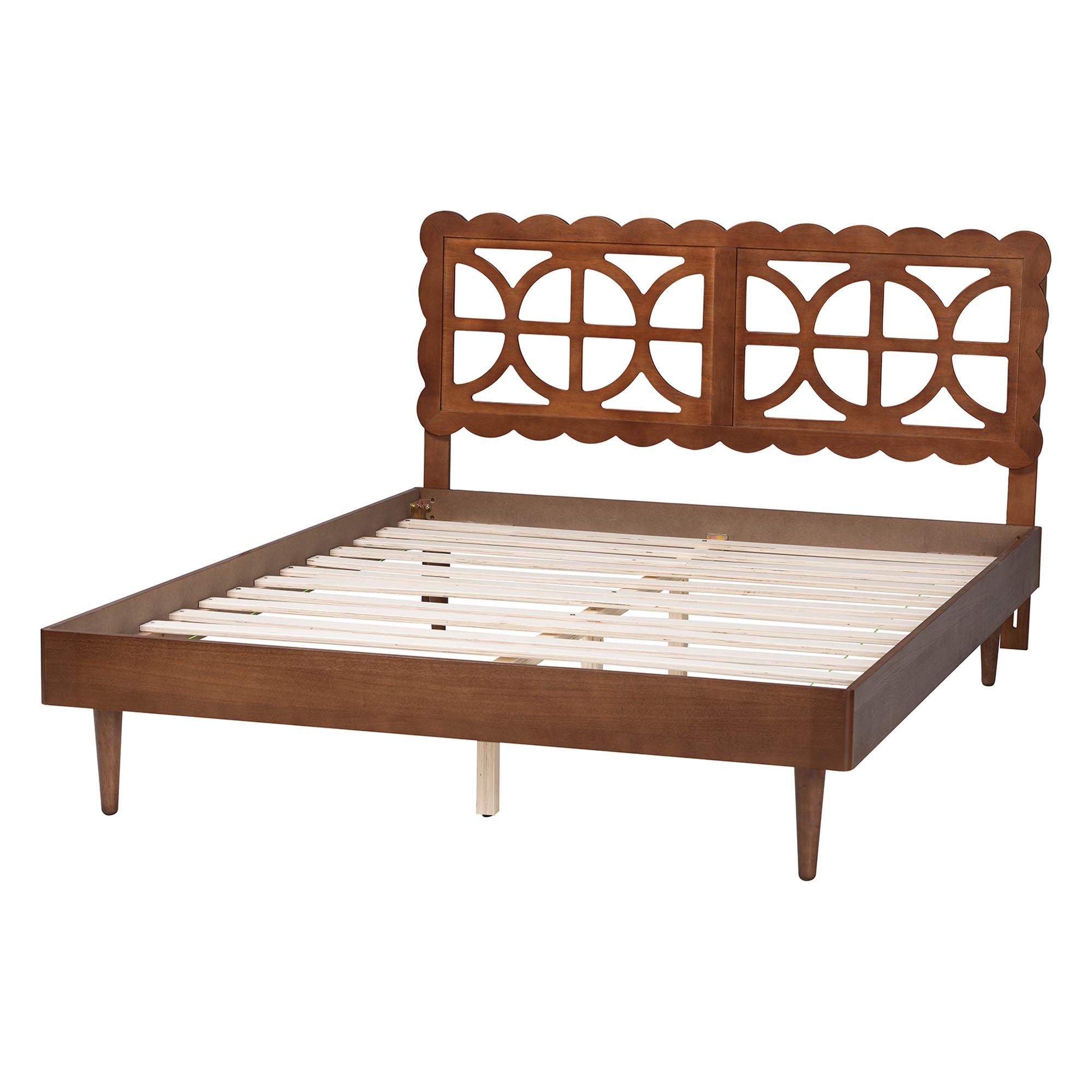 Baxton Studio Onyeka Platform Bed - Mid-Century Modern Bed with Lasercut Headboard and Scalloped Detailing for Bedroom or Guestroom, Queen