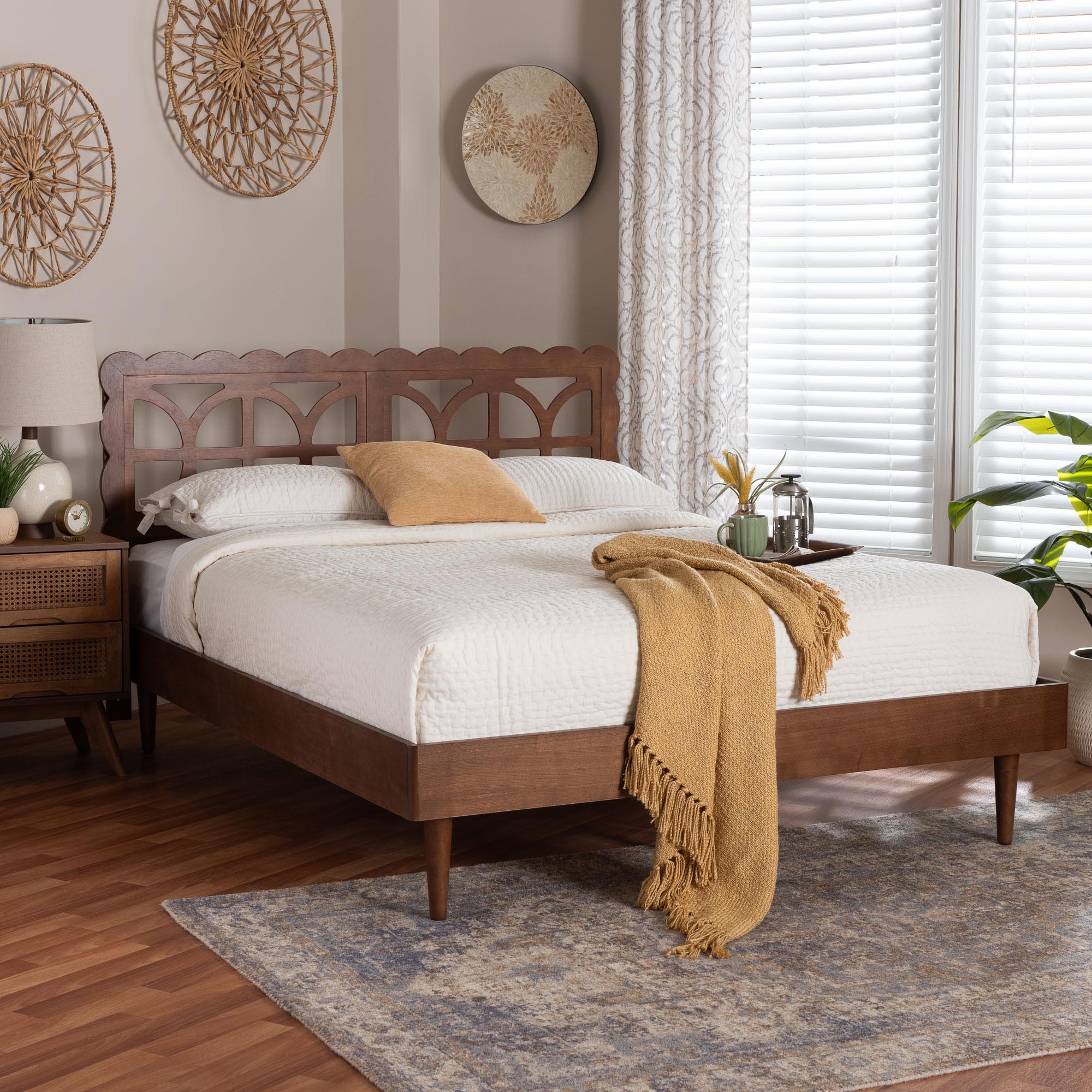 Baxton Studio Onyeka Platform Bed - Mid-Century Modern Bed with Lasercut Headboard and Scalloped Detailing for Bedroom or Guestroom, Queen
