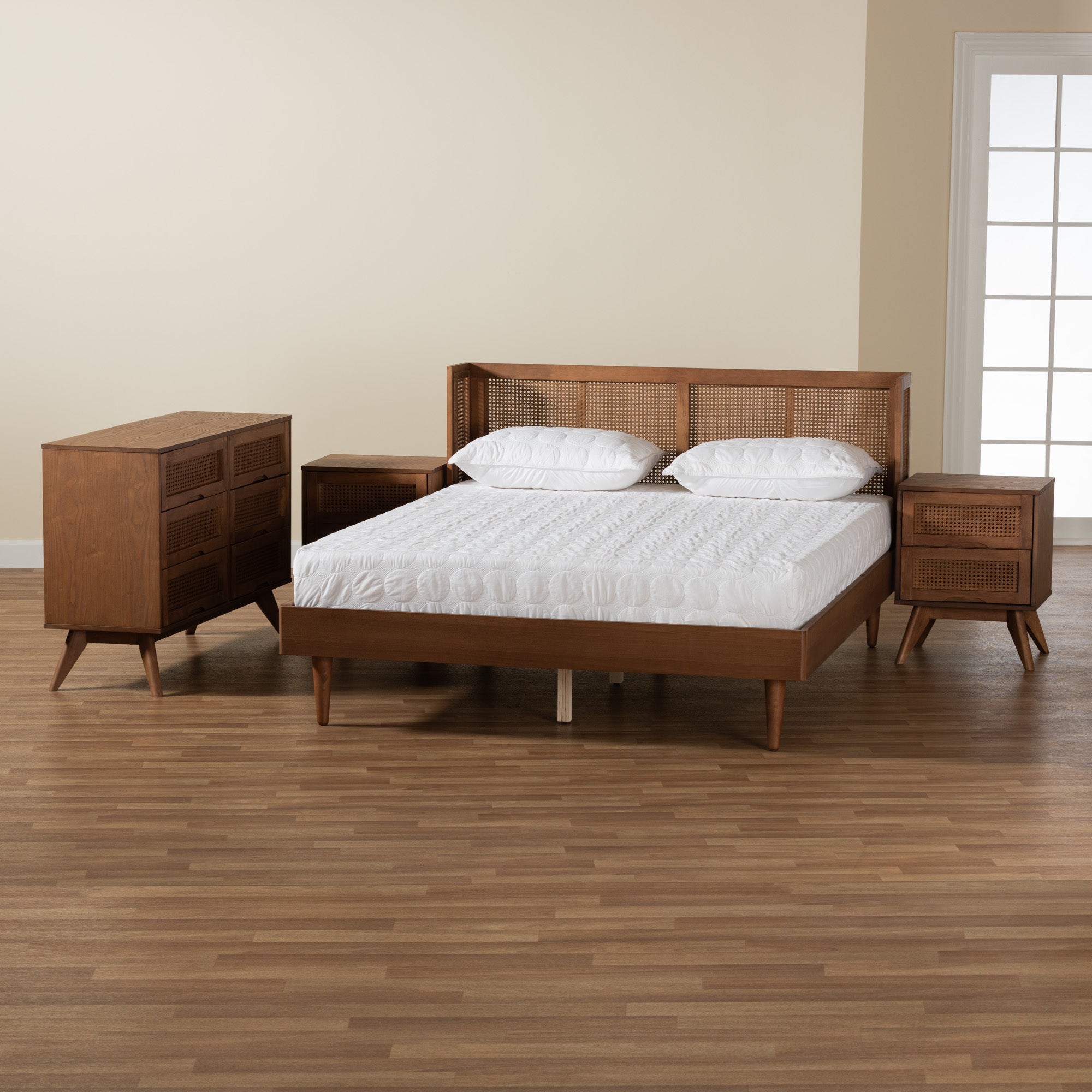 Baxton Studio Rina Mid-Century Modern Ash Walnut Finished Wood 4-Piece Queen Size Bedroom Set with Synthetic Rattan